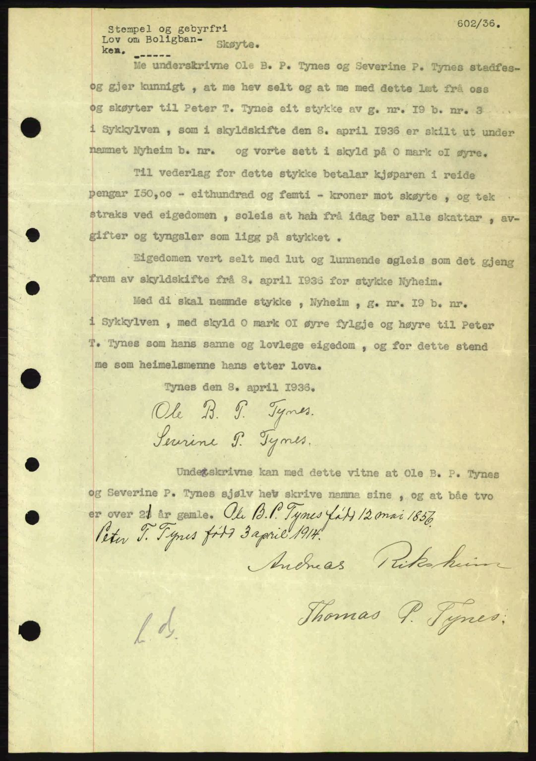 Nordre Sunnmøre sorenskriveri, AV/SAT-A-0006/1/2/2C/2Ca: Mortgage book no. A1, 1936-1936, Diary no: : 602/1936