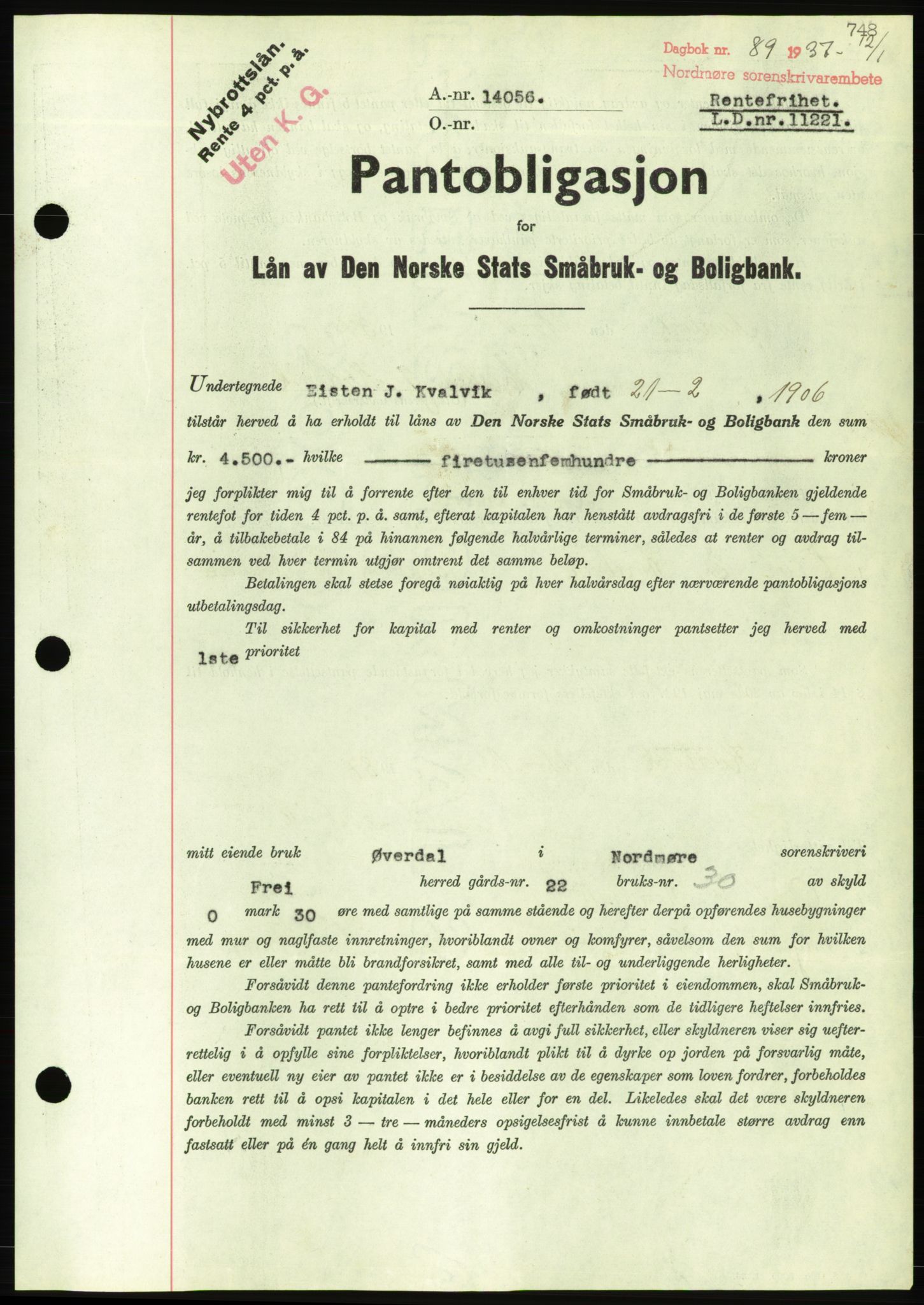 Nordmøre sorenskriveri, AV/SAT-A-4132/1/2/2Ca/L0090: Mortgage book no. B80, 1936-1937, Diary no: : 89/1937