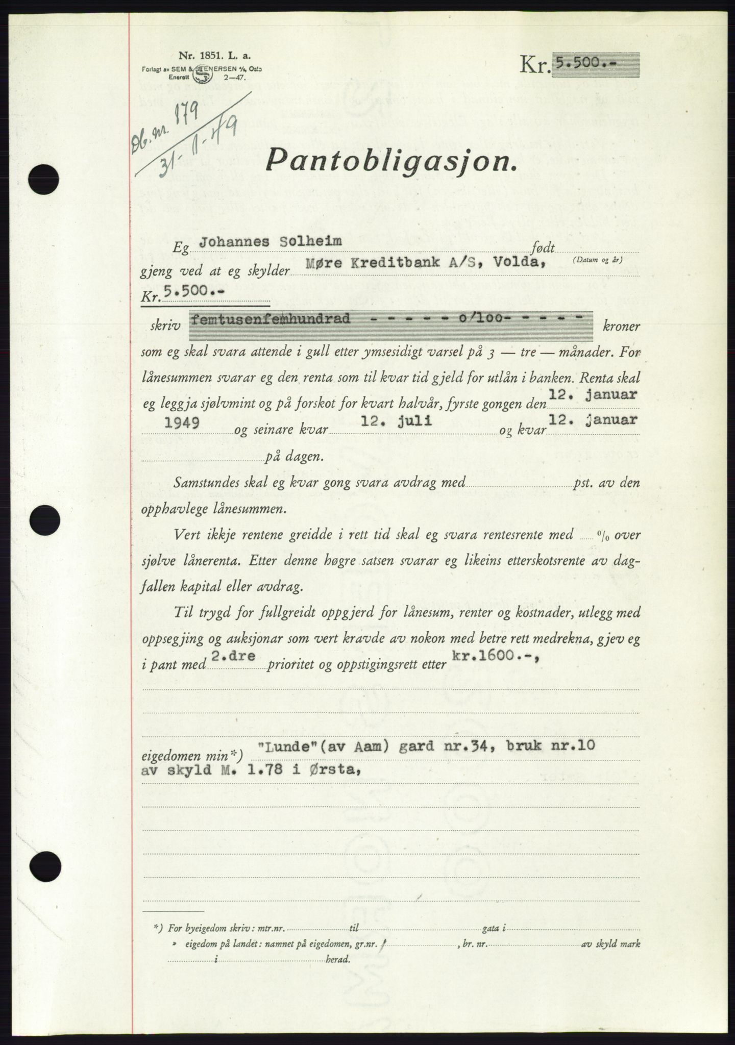 Søre Sunnmøre sorenskriveri, AV/SAT-A-4122/1/2/2C/L0116: Mortgage book no. 4B, 1948-1949, Diary no: : 179/1949