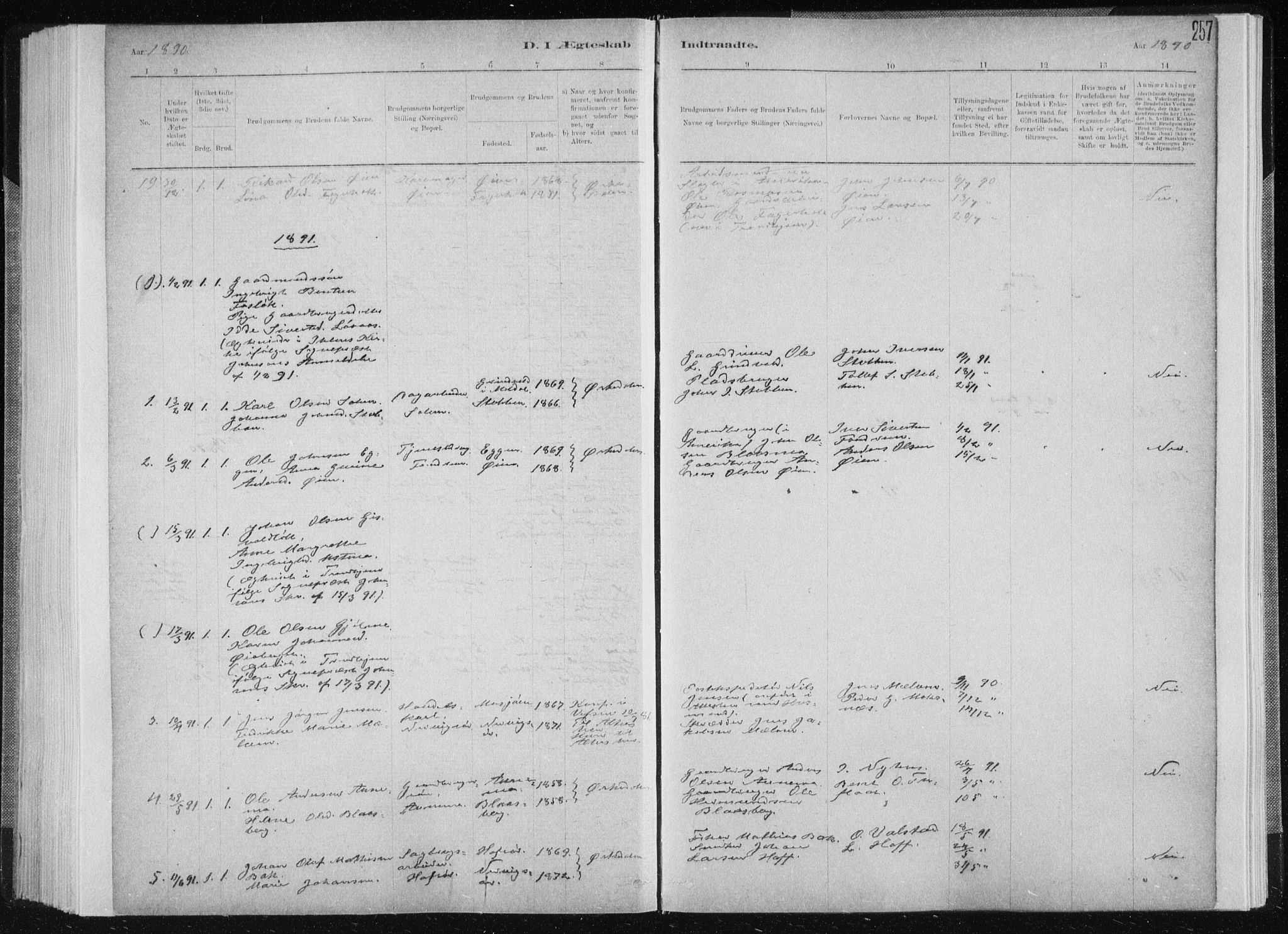 Ministerialprotokoller, klokkerbøker og fødselsregistre - Sør-Trøndelag, AV/SAT-A-1456/668/L0818: Parish register (copy) no. 668C07, 1885-1898, p. 257