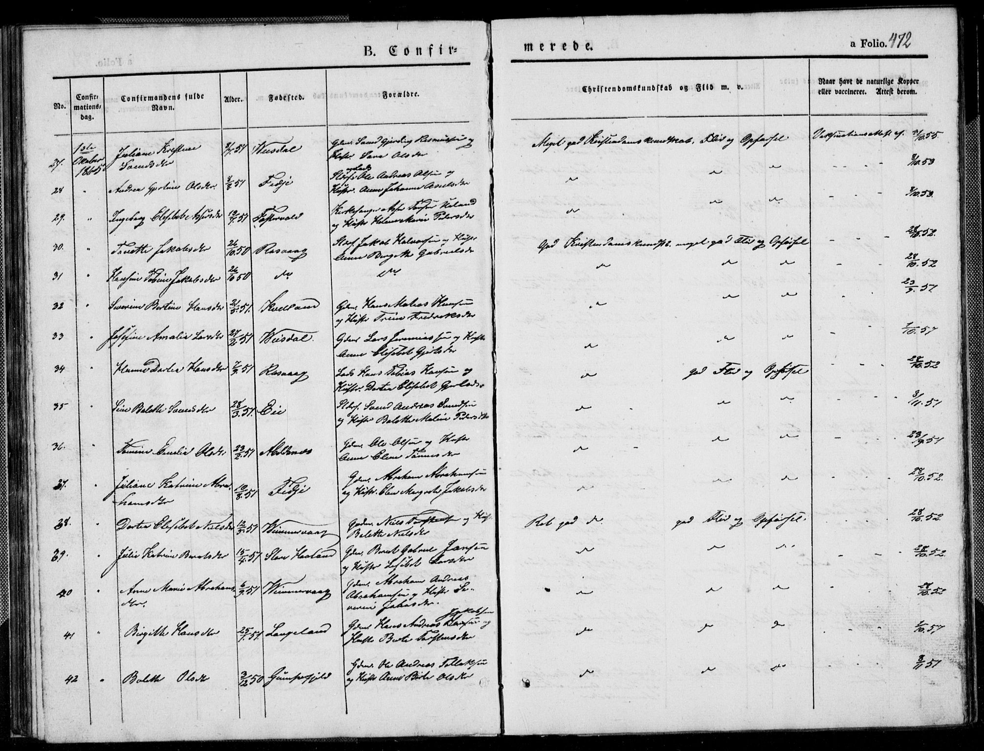 Flekkefjord sokneprestkontor, SAK/1111-0012/F/Fb/Fbb/L0002: Parish register (copy) no. B 2b, 1831-1866, p. 472