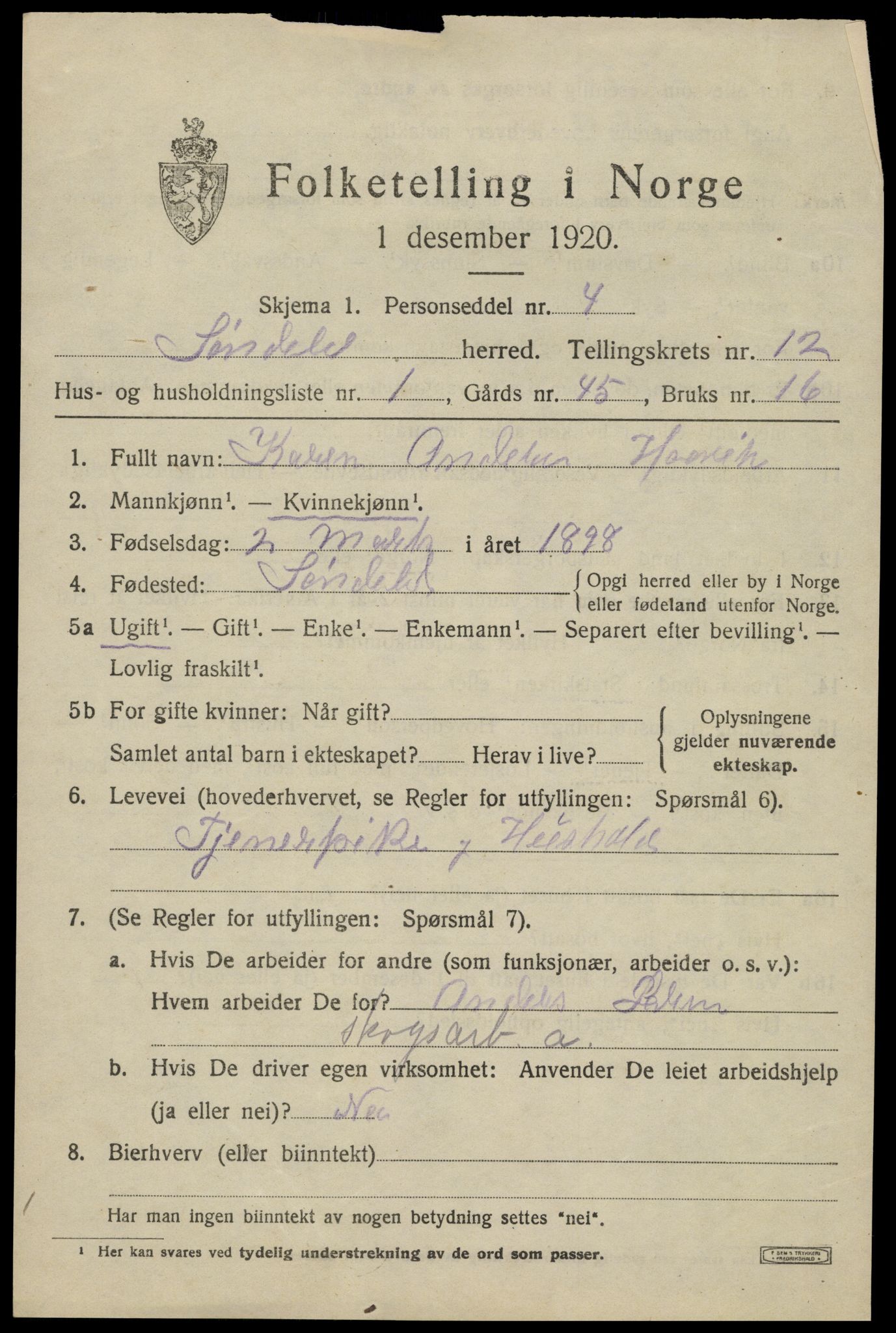 SAK, 1920 census for Søndeled, 1920, p. 5839