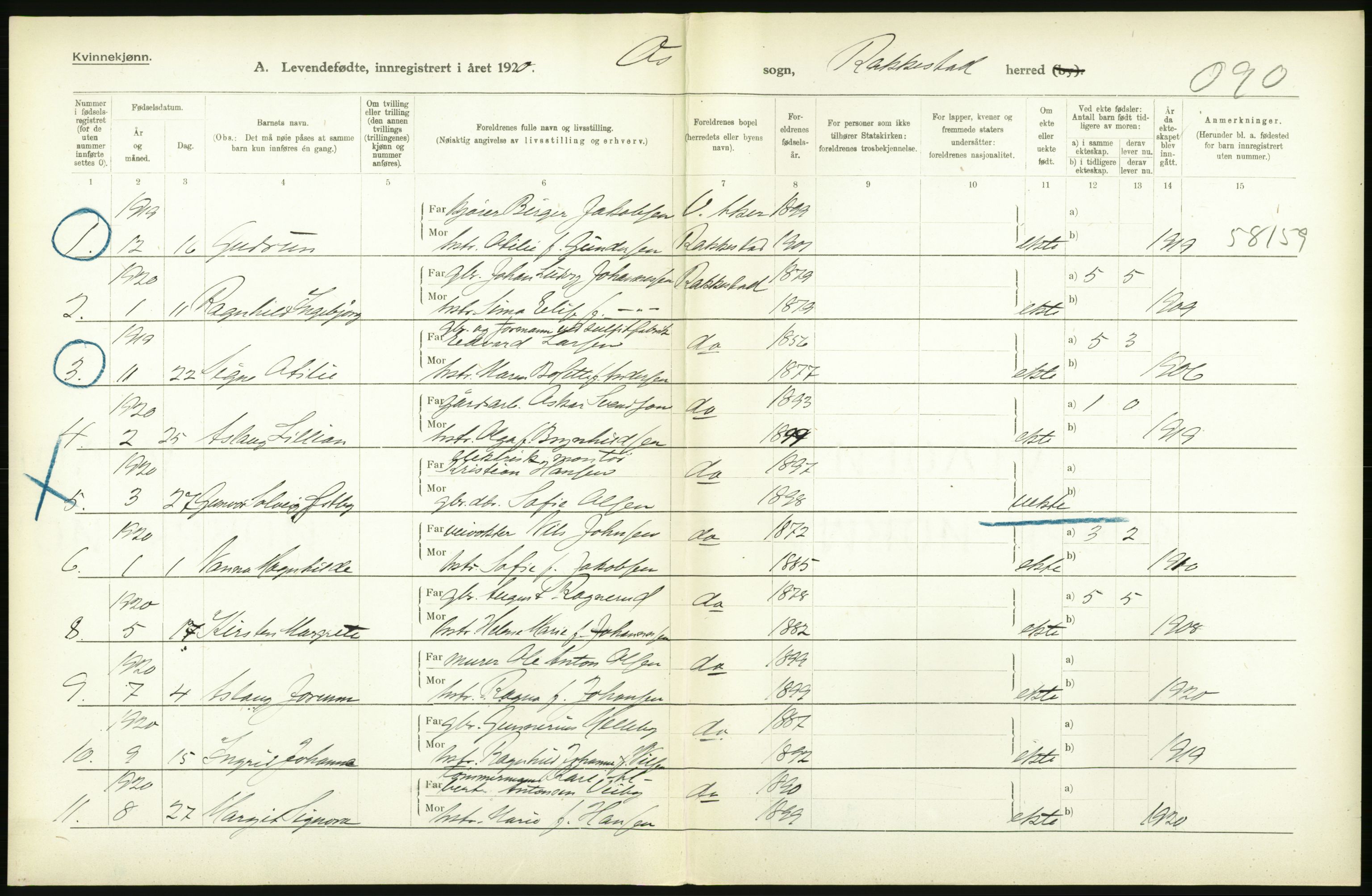 Statistisk sentralbyrå, Sosiodemografiske emner, Befolkning, RA/S-2228/D/Df/Dfb/Dfbj/L0001: Østfold fylke: Levendefødte menn og kvinner. Bygder., 1920, p. 654