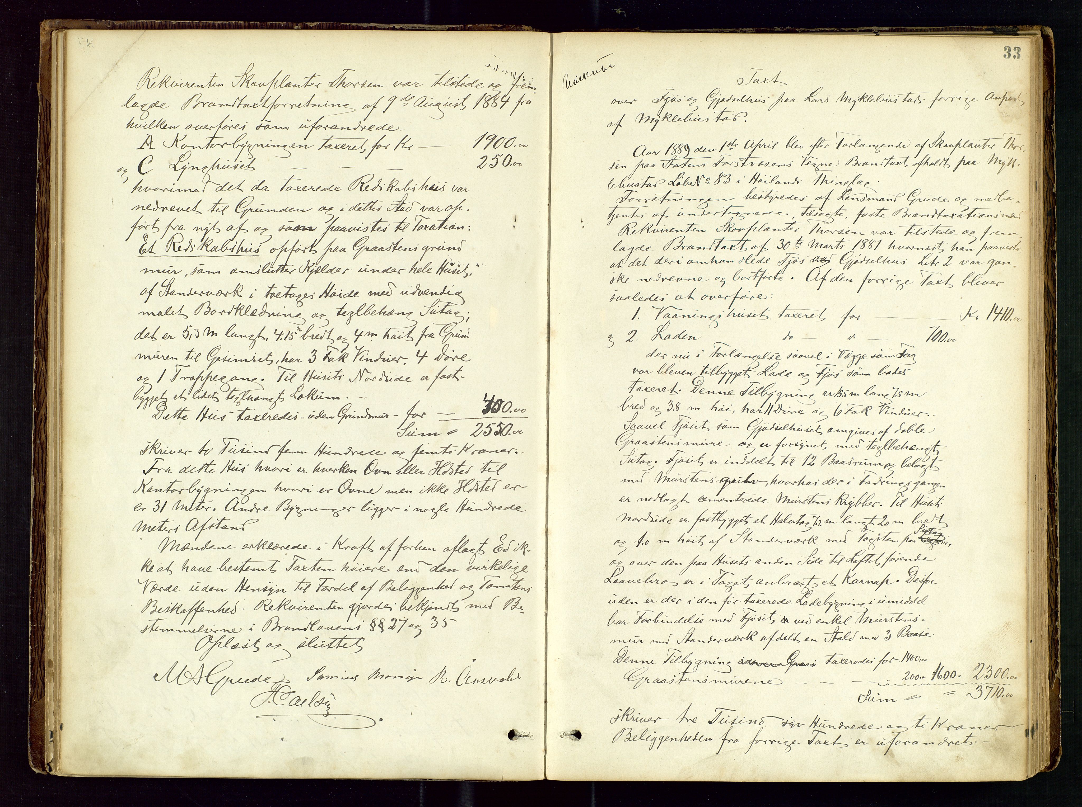 Høyland/Sandnes lensmannskontor, AV/SAST-A-100166/Goa/L0002: "Brandtaxtprotokol for Landafdelingen i Høiland", 1880-1917, p. 32b-33a