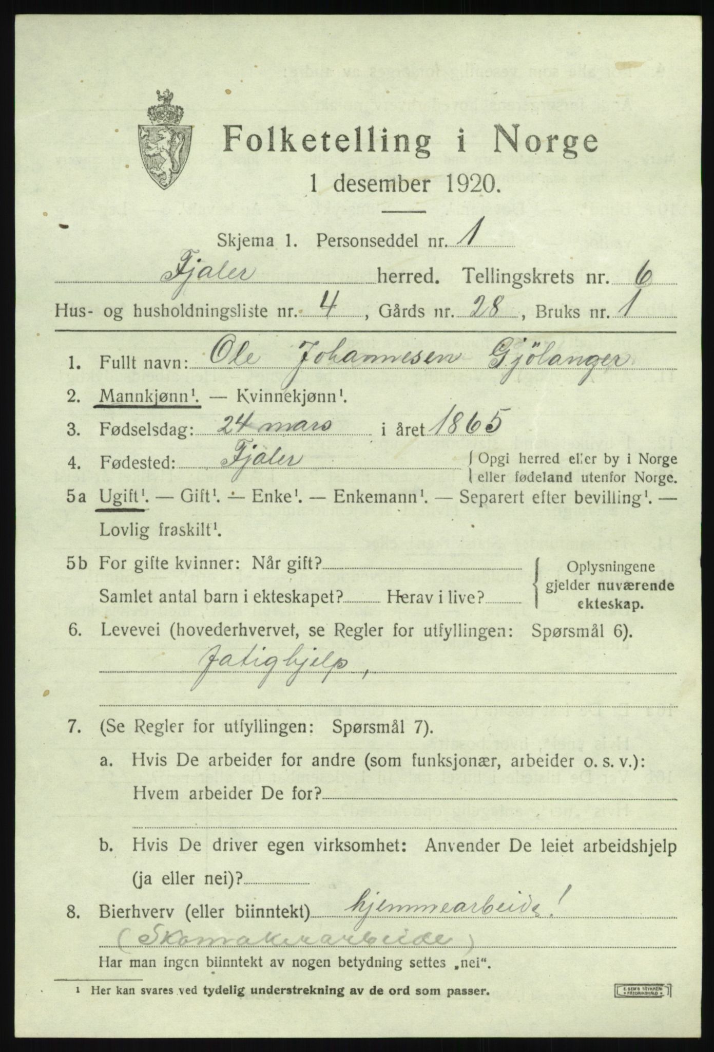 SAB, 1920 census for Fjaler, 1920, p. 3783