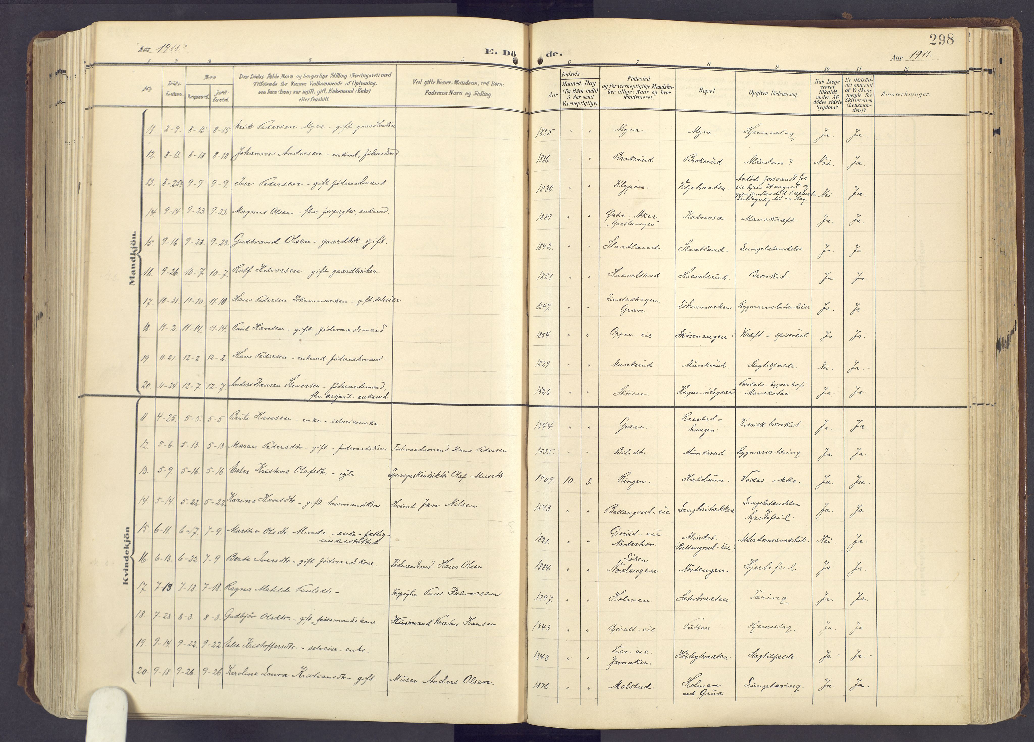 Lunner prestekontor, AV/SAH-PREST-118/H/Ha/Haa/L0001: Parish register (official) no. 1, 1907-1922, p. 298