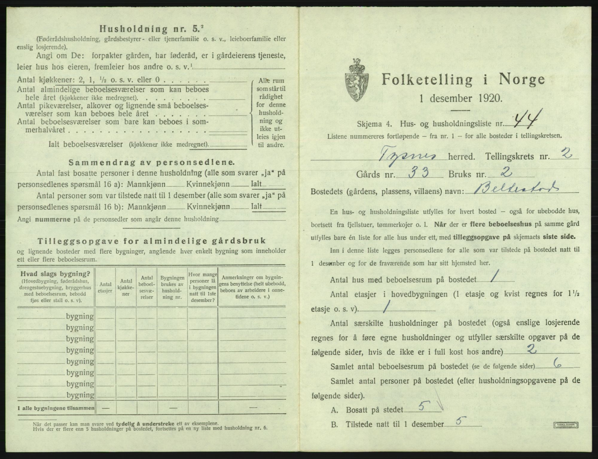 SAB, 1920 census for Tysnes, 1920, p. 243