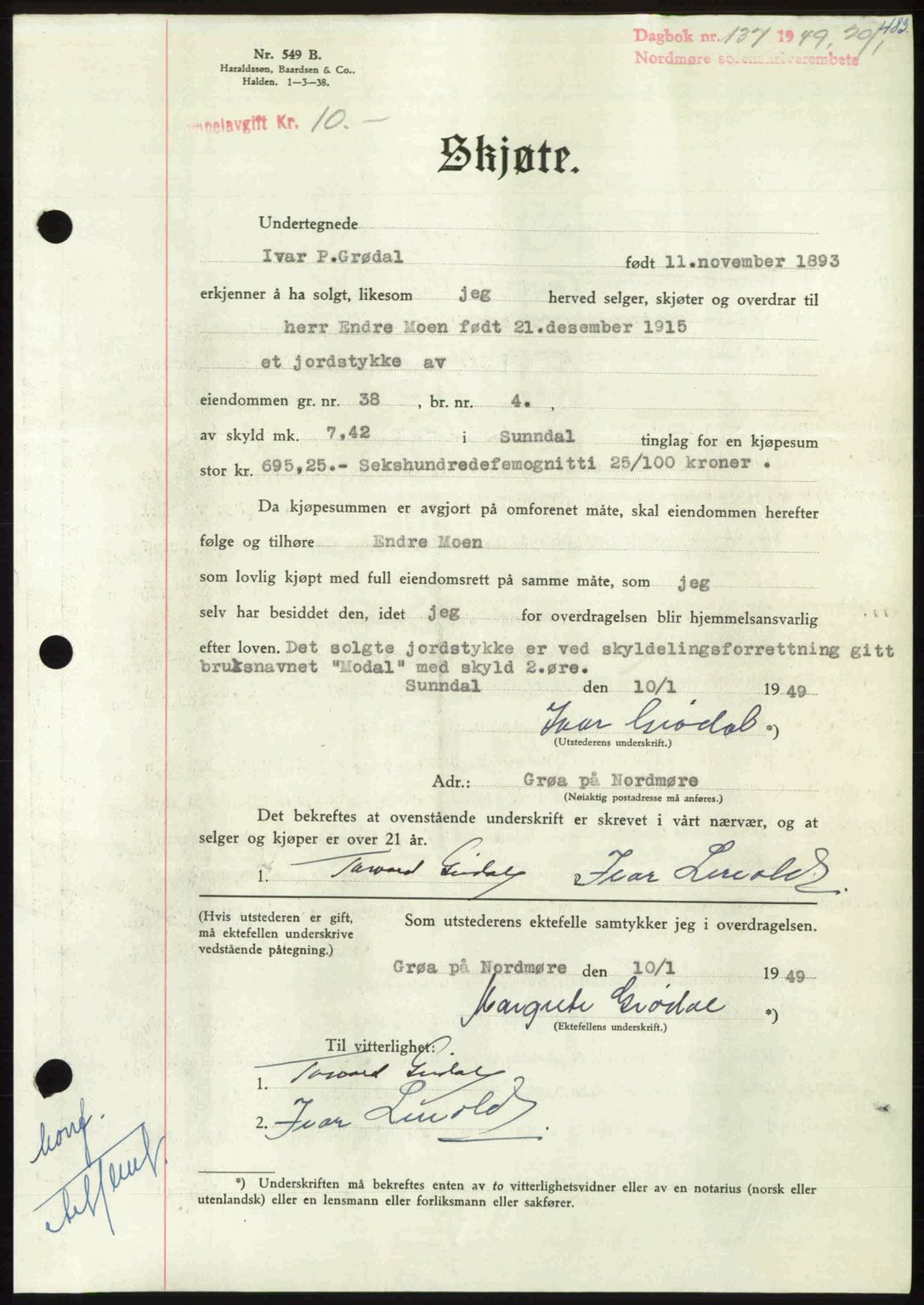 Nordmøre sorenskriveri, AV/SAT-A-4132/1/2/2Ca: Mortgage book no. A110, 1948-1949, Diary no: : 137/1949