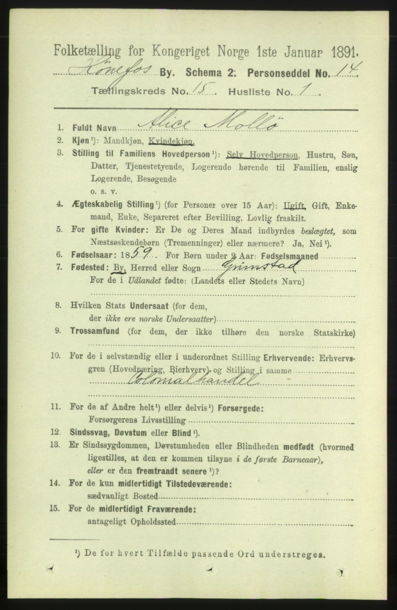 RA, 1891 census for 0601 Hønefoss, 1891, p. 1728