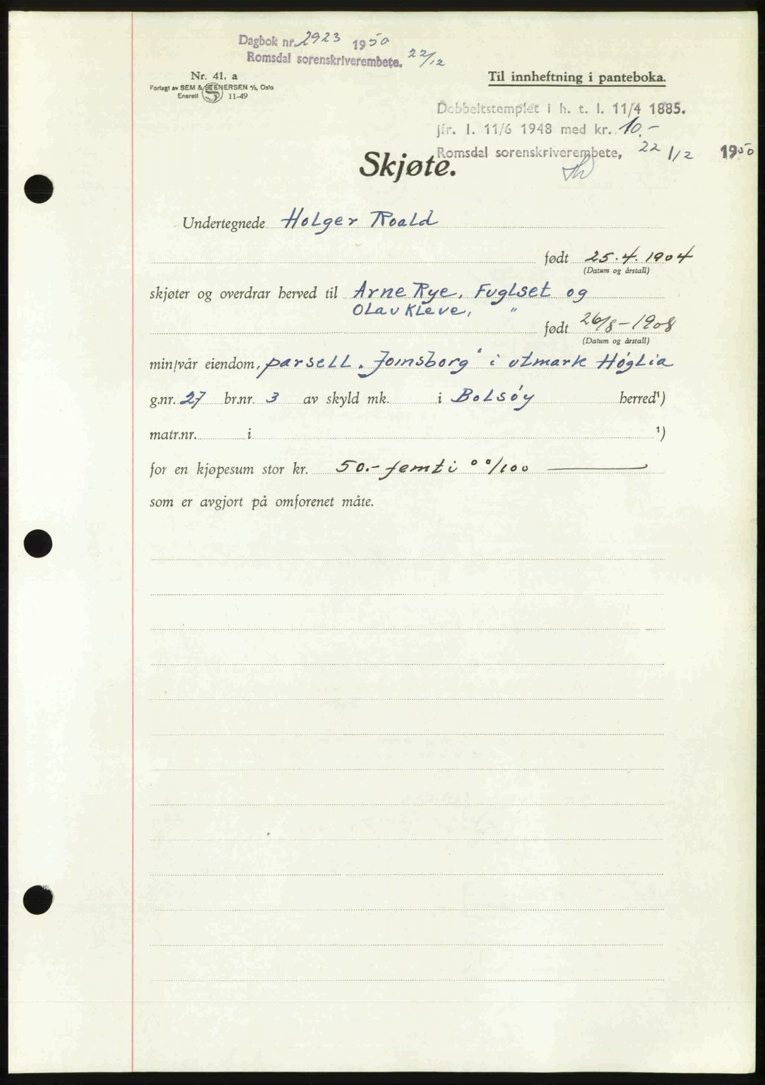 Romsdal sorenskriveri, AV/SAT-A-4149/1/2/2C: Mortgage book no. A35, 1950-1950, Diary no: : 2923/1950