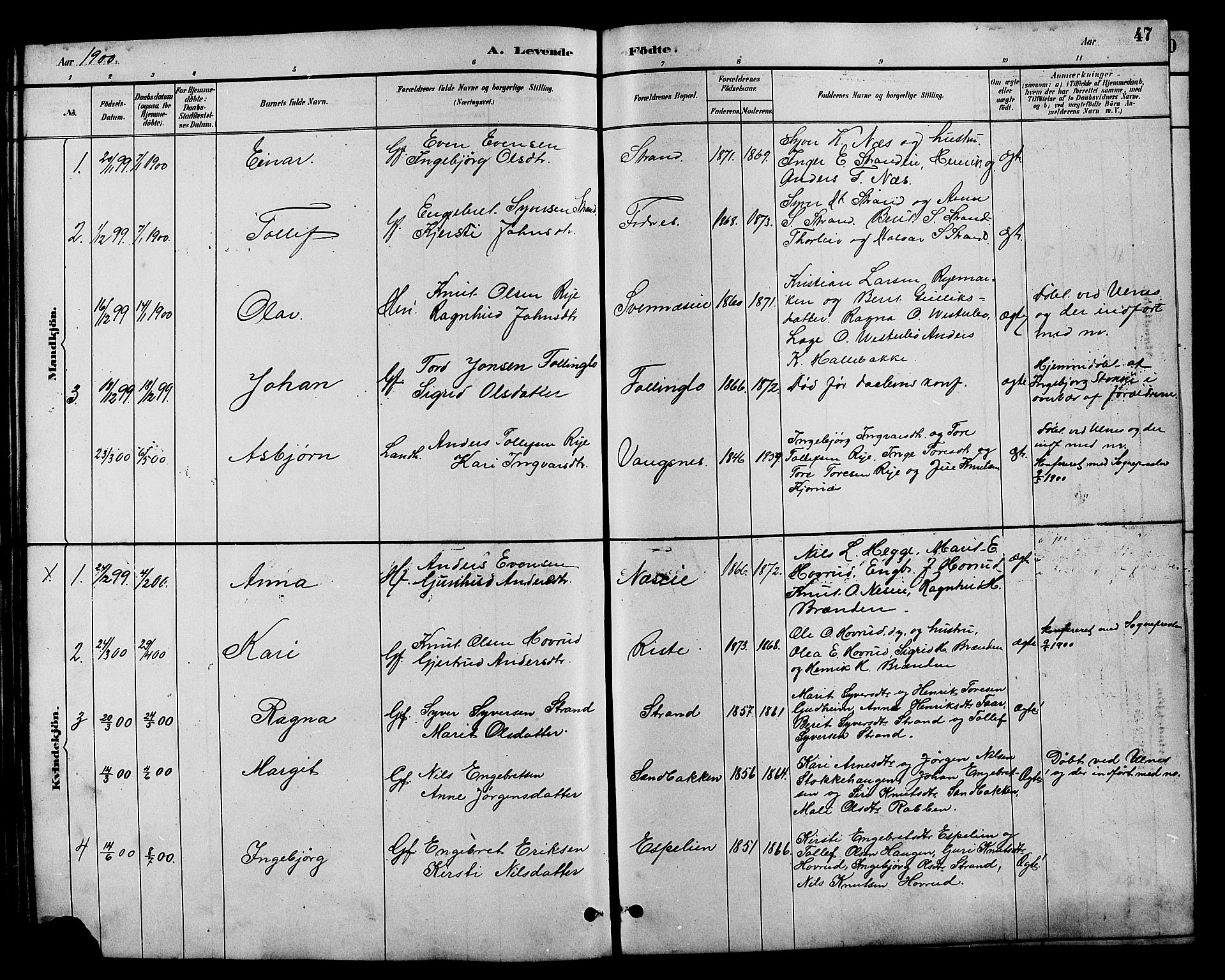 Nord-Aurdal prestekontor, SAH/PREST-132/H/Ha/Hab/L0007: Parish register (copy) no. 7, 1883-1910, p. 47