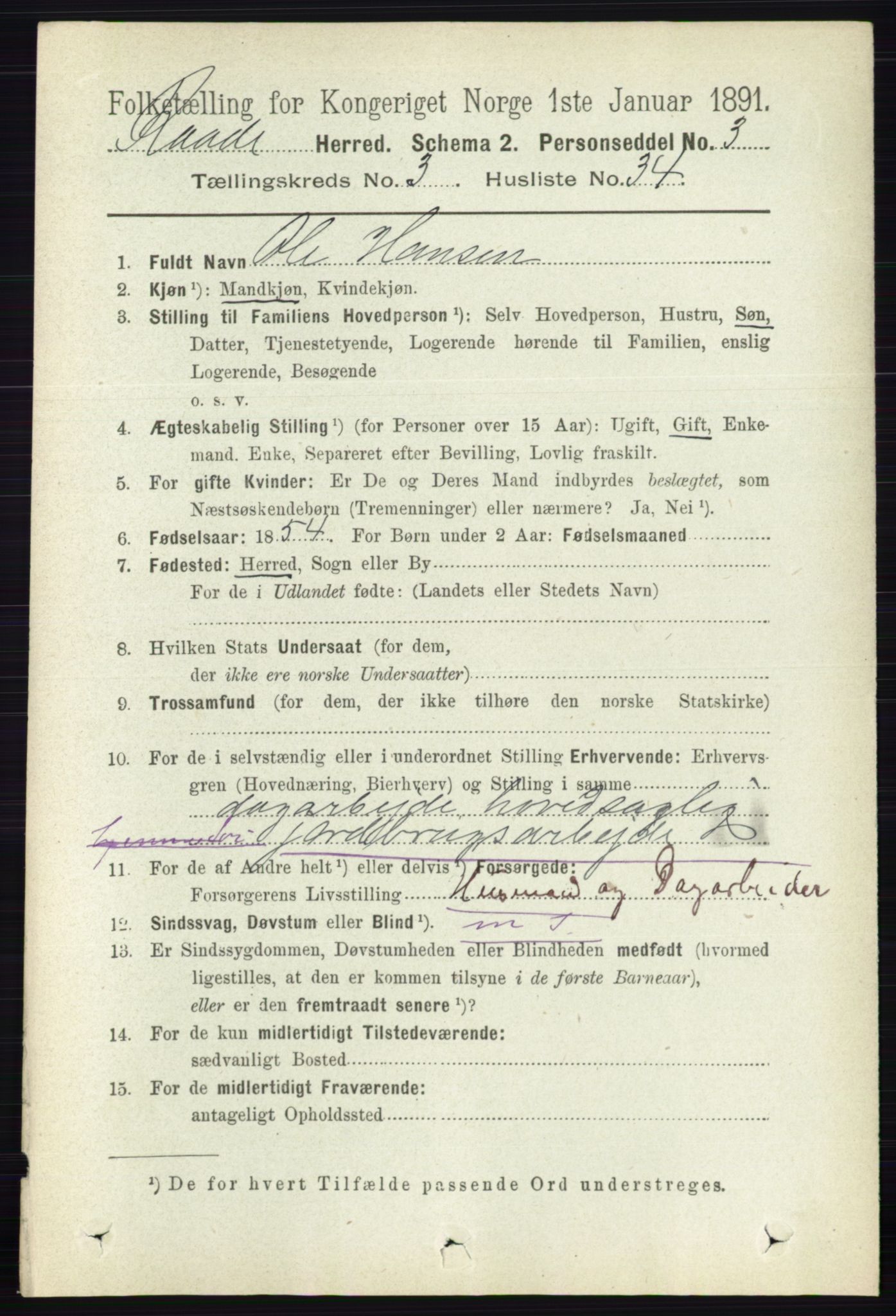 RA, 1891 census for 0135 Råde, 1891, p. 1402