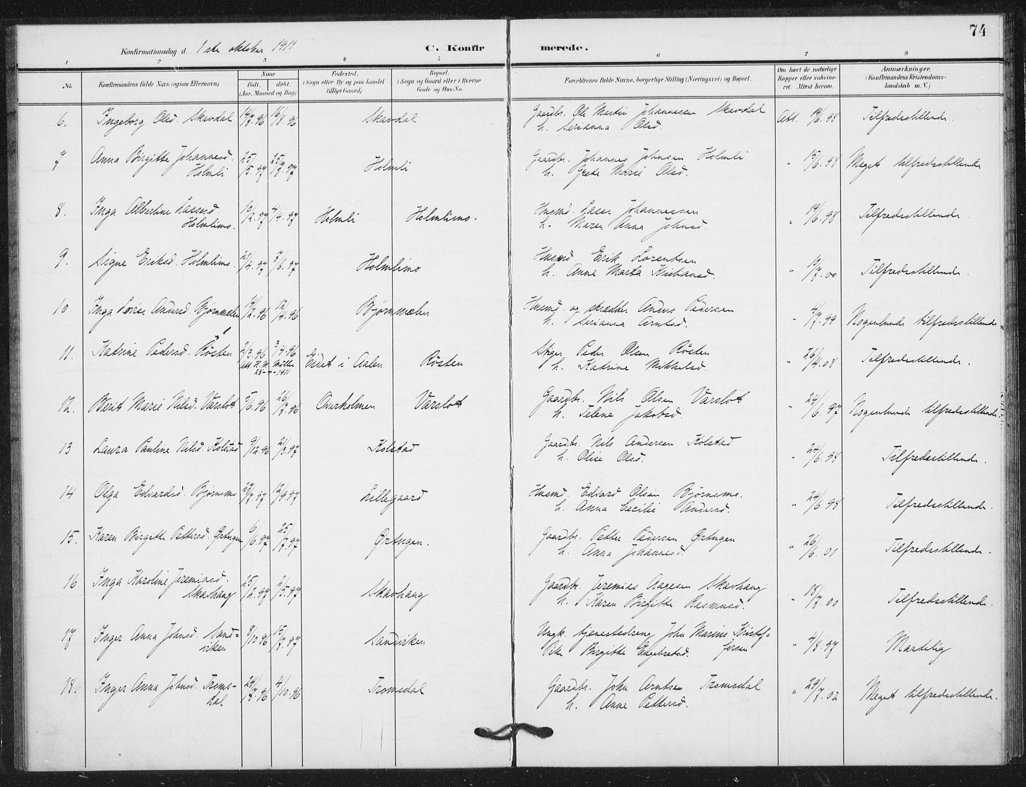 Ministerialprotokoller, klokkerbøker og fødselsregistre - Nord-Trøndelag, AV/SAT-A-1458/724/L0264: Parish register (official) no. 724A02, 1908-1915, p. 74