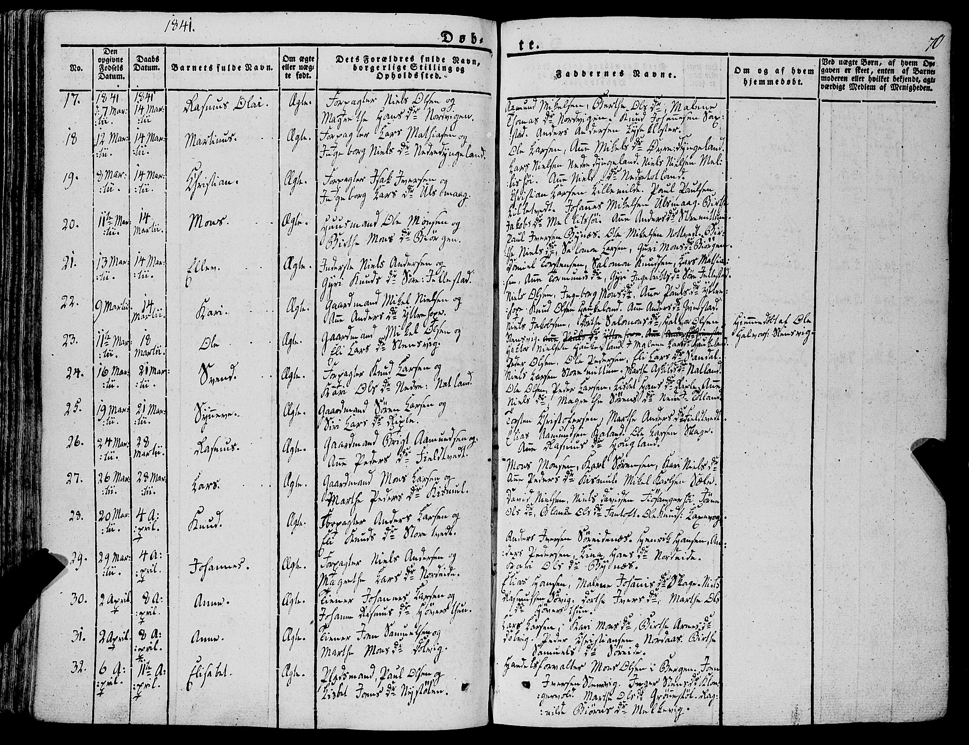 Fana Sokneprestembete, AV/SAB-A-75101/H/Haa/Haaa/L0008: Parish register (official) no. A 8, 1829-1851, p. 70