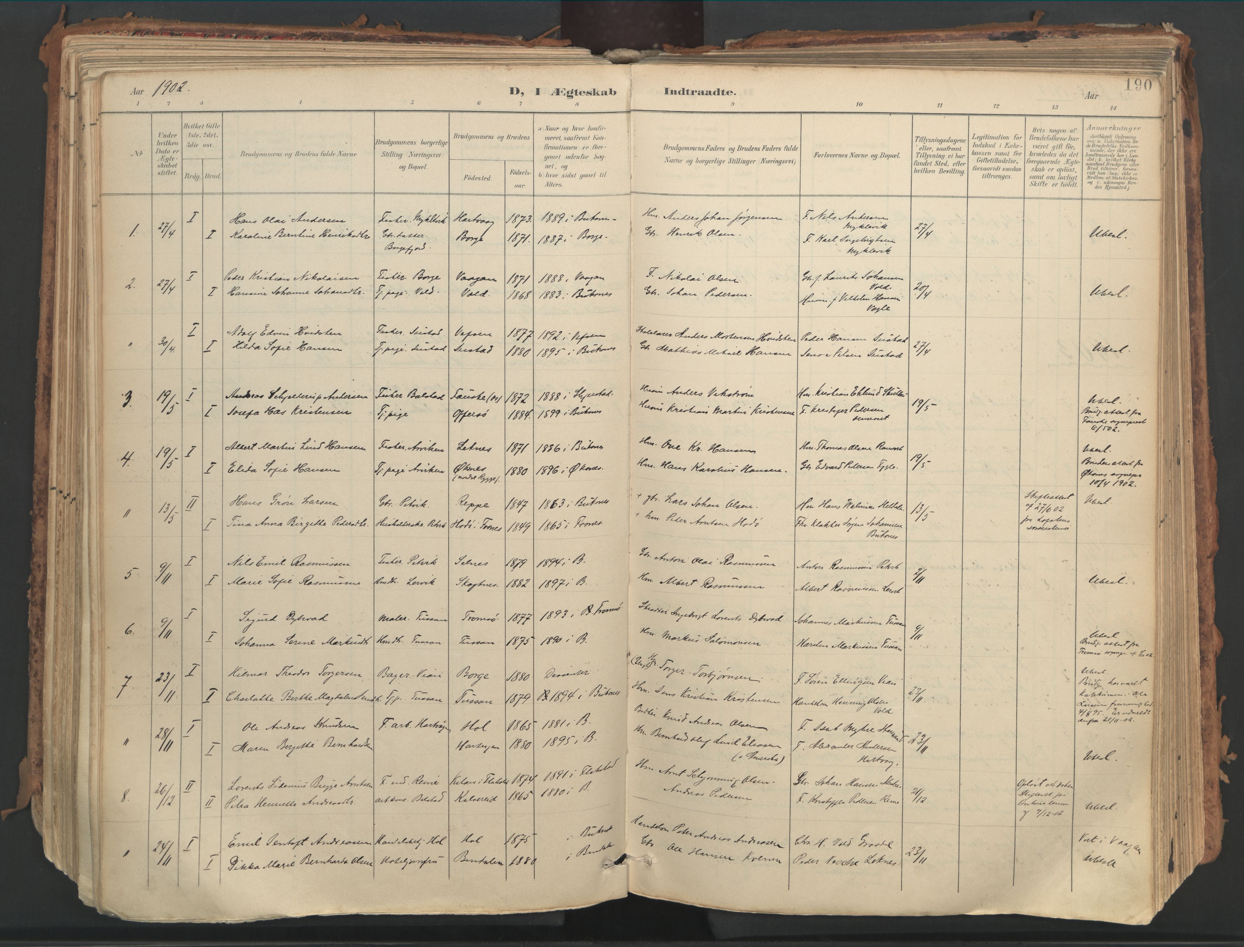 Ministerialprotokoller, klokkerbøker og fødselsregistre - Nordland, SAT/A-1459/882/L1180: Parish register (official) no. 882A02, 1897-1913, p. 190