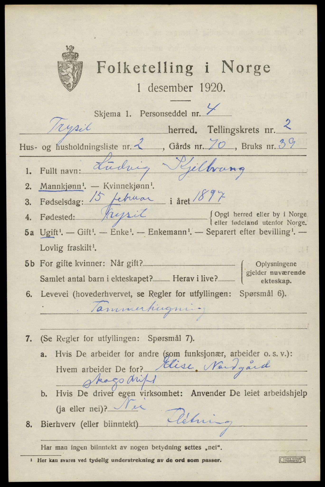 SAH, 1920 census for Trysil, 1920, p. 3105