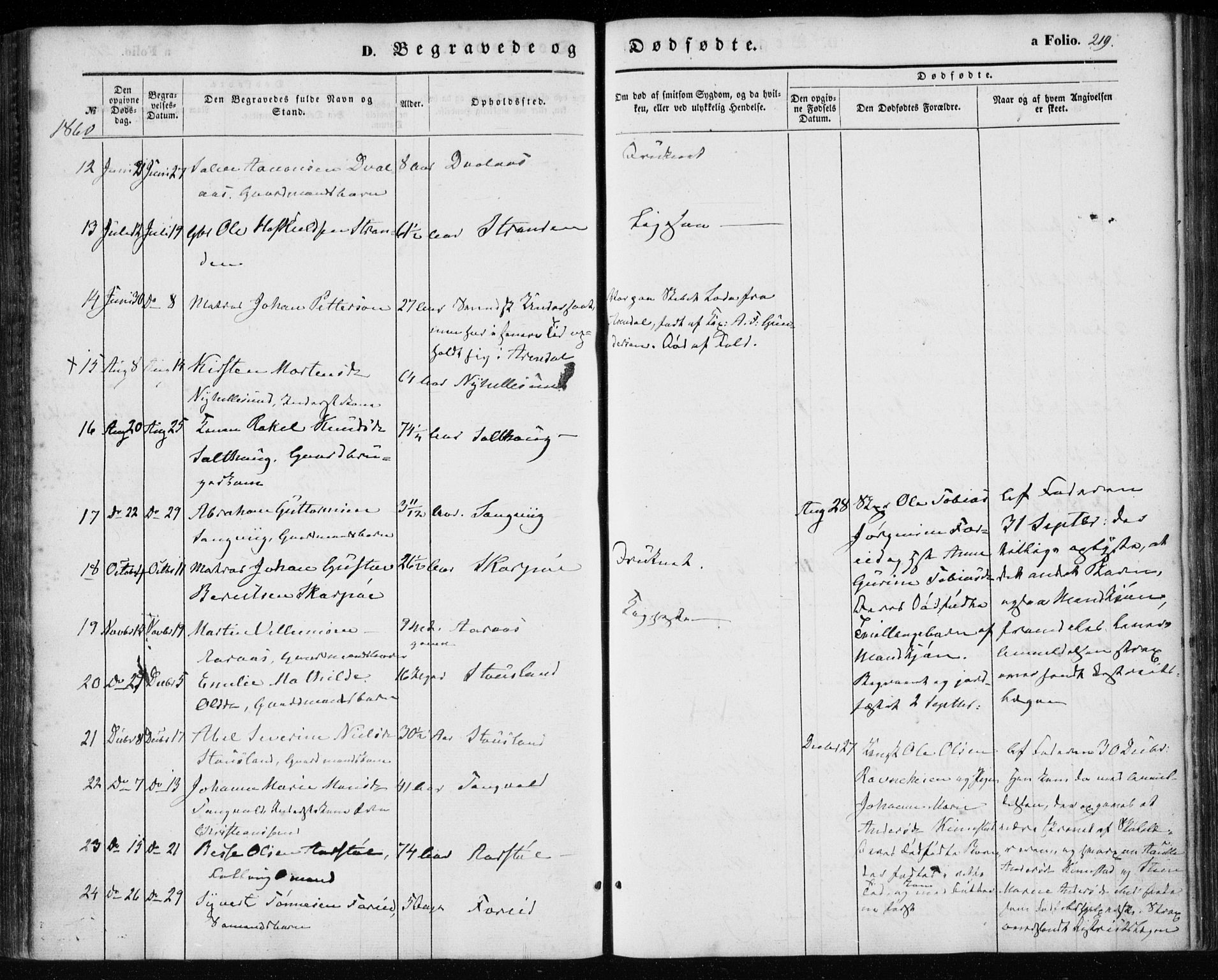 Søgne sokneprestkontor, SAK/1111-0037/F/Fa/Fab/L0010: Parish register (official) no. A 10, 1853-1869, p. 219