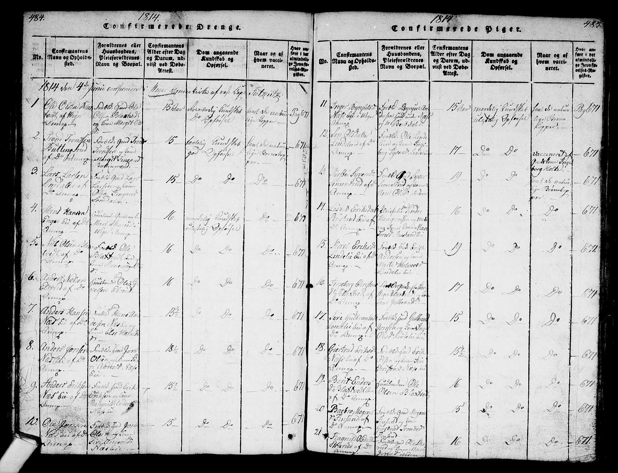 Norderhov kirkebøker, SAKO/A-237/G/Ga/L0003: Parish register (copy) no. I 3 /2, 1814-1876, p. 484-485