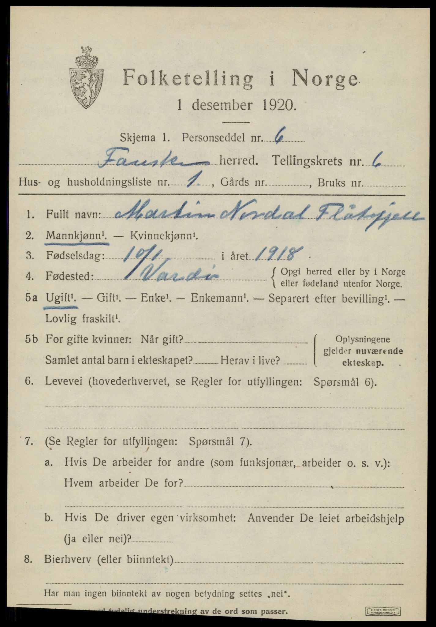 SAT, 1920 census for Fauske, 1920, p. 5442