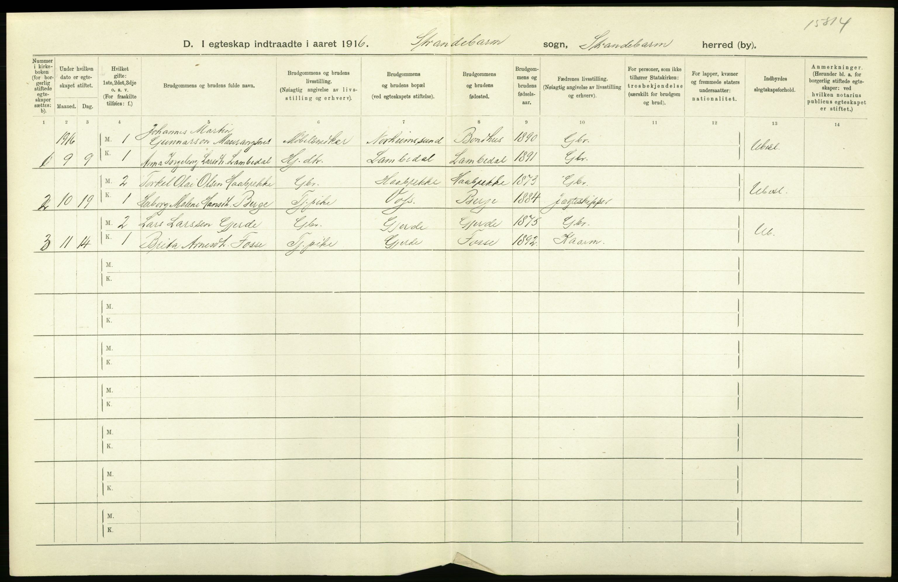 Statistisk sentralbyrå, Sosiodemografiske emner, Befolkning, AV/RA-S-2228/D/Df/Dfb/Dfbf/L0035: S. Bergenhus amt: Gifte, dødfødte. Bygder., 1916, p. 274