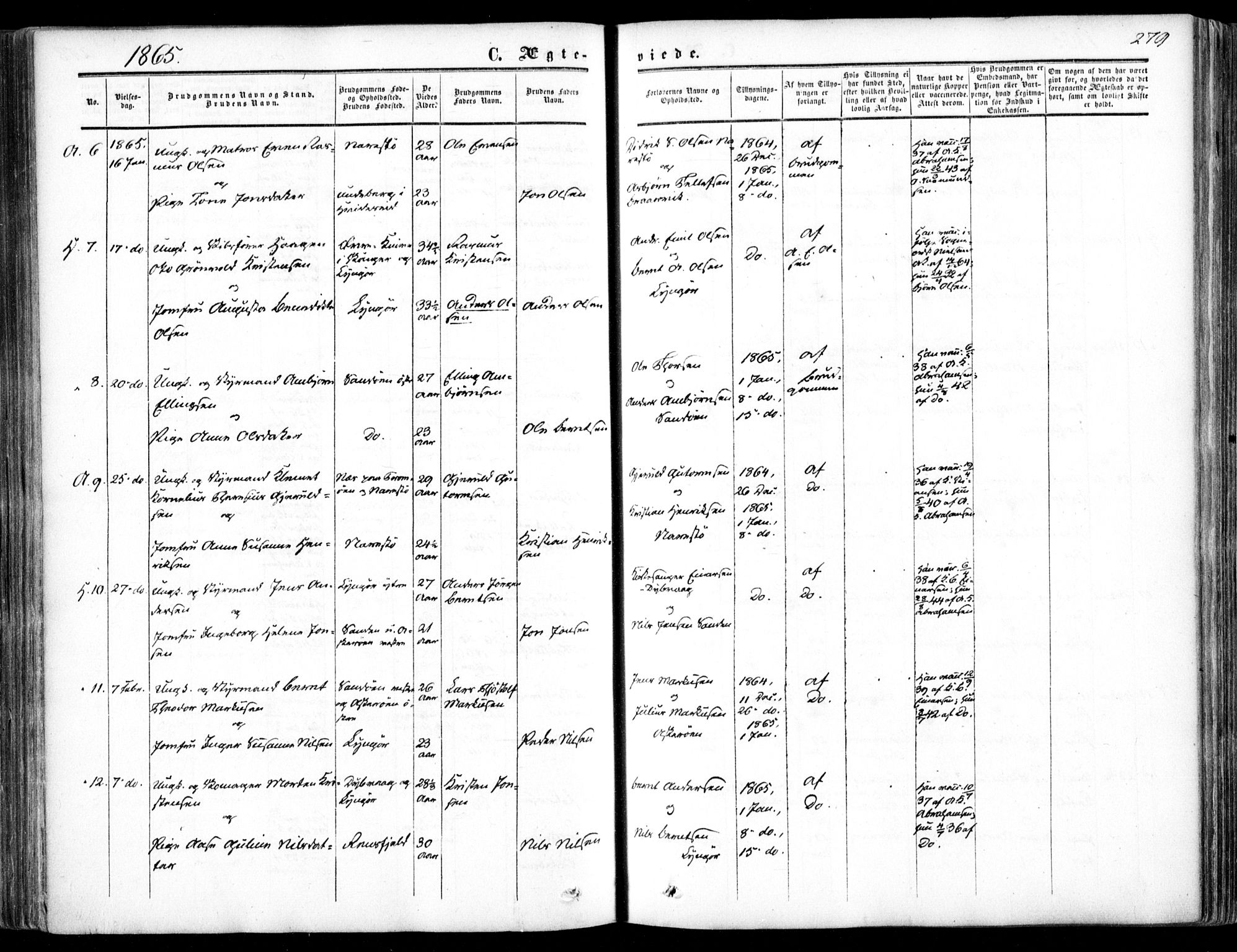 Dypvåg sokneprestkontor, SAK/1111-0007/F/Fa/Faa/L0006: Parish register (official) no. A 6, 1855-1872, p. 279