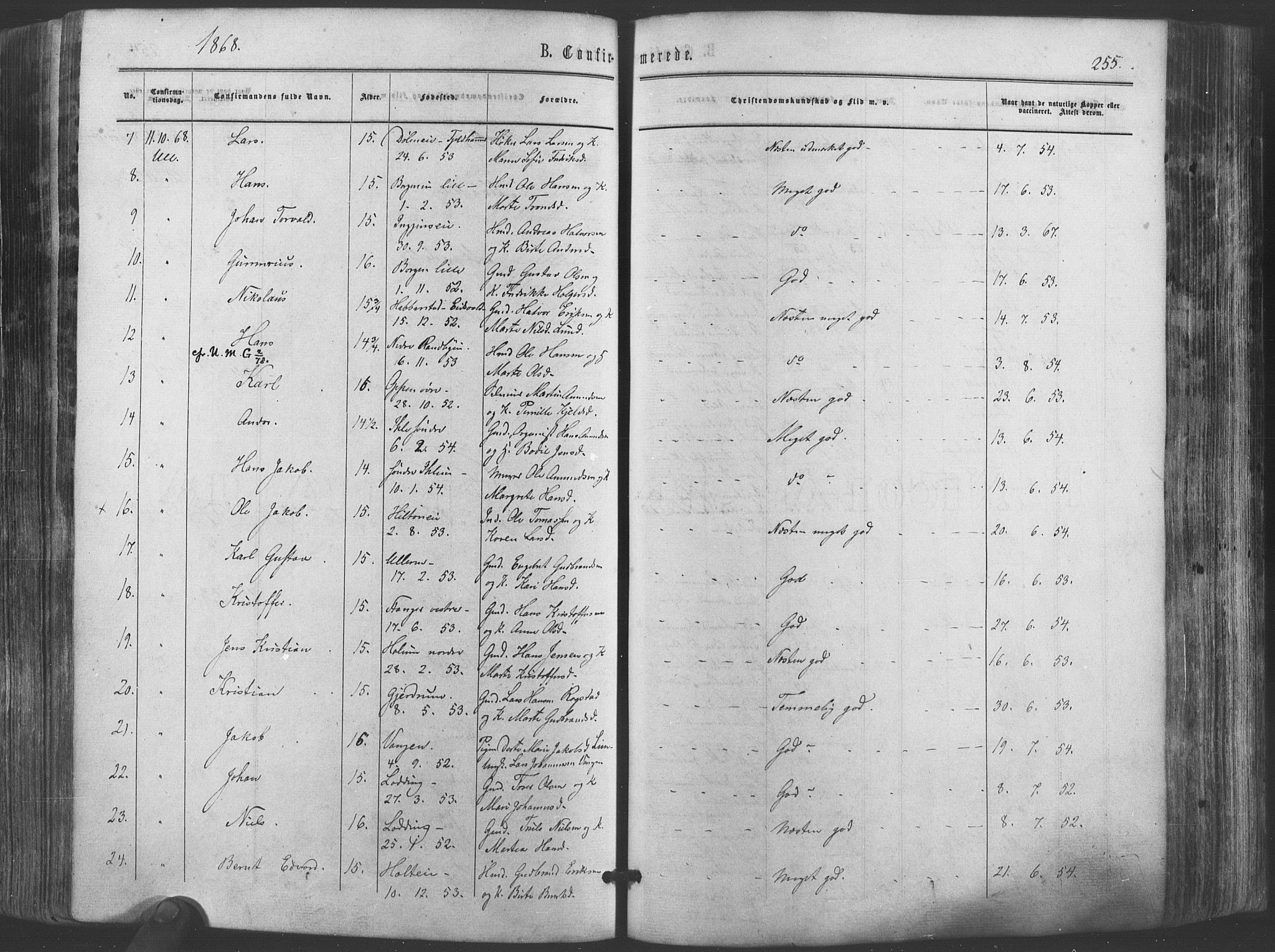 Ullensaker prestekontor Kirkebøker, AV/SAO-A-10236a/F/Fa/L0016: Parish register (official) no. I 16, 1863-1875, p. 255