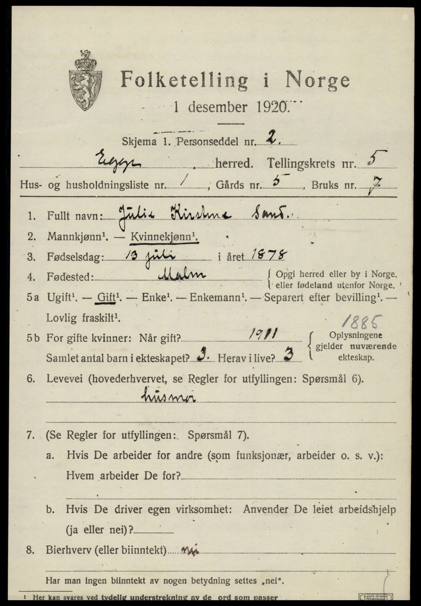 SAT, 1920 census for Egge, 1920, p. 3348