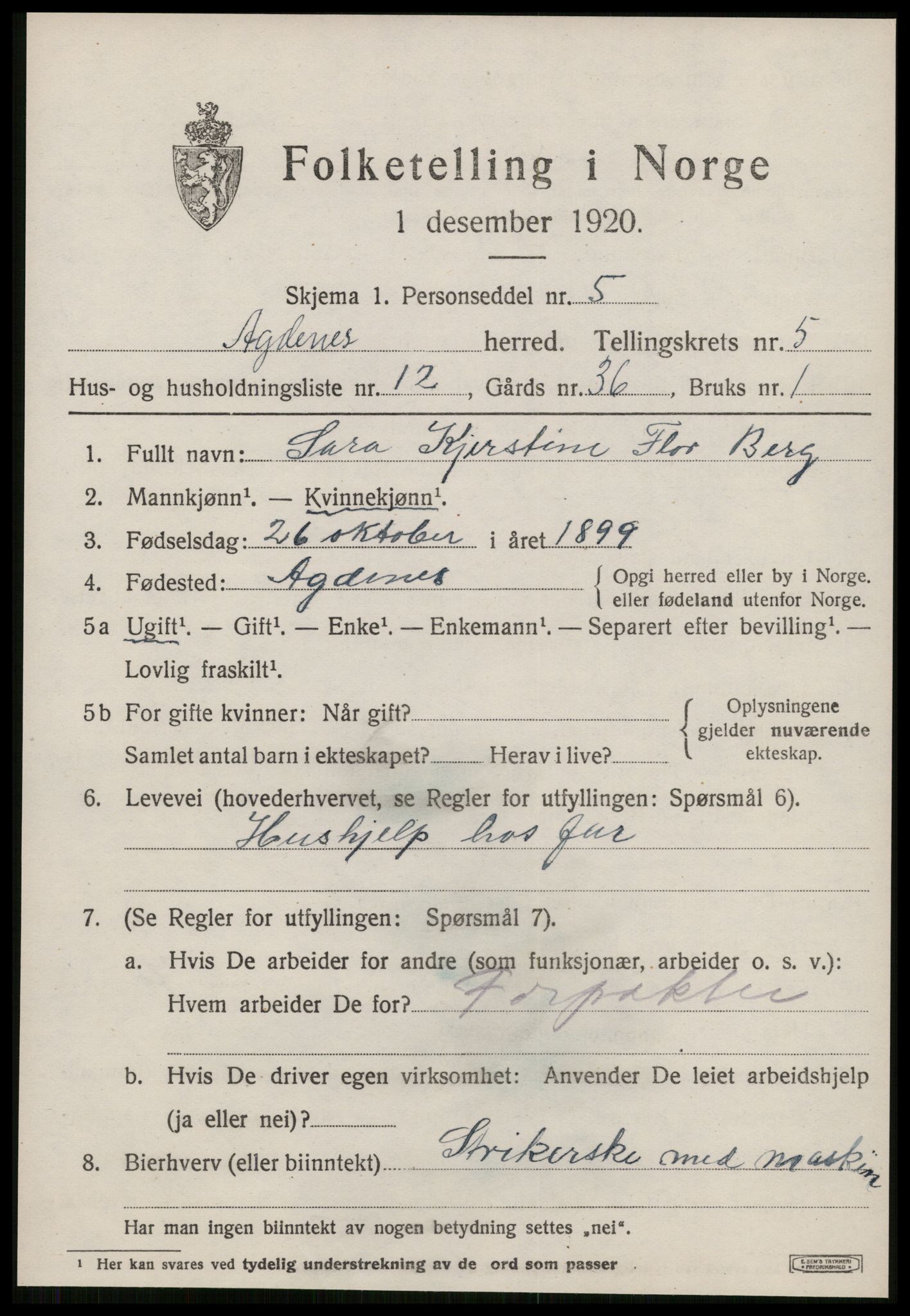 SAT, 1920 census for Agdenes, 1920, p. 2427