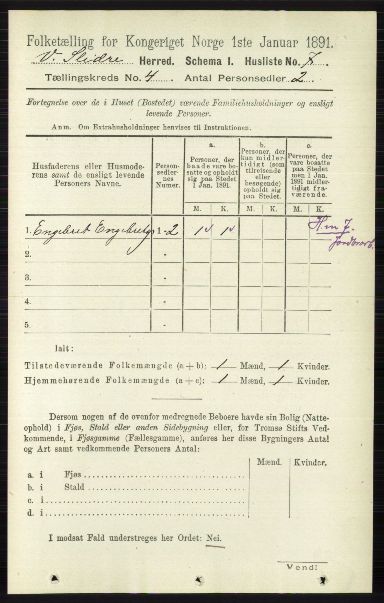 RA, 1891 census for 0543 Vestre Slidre, 1891, p. 1184