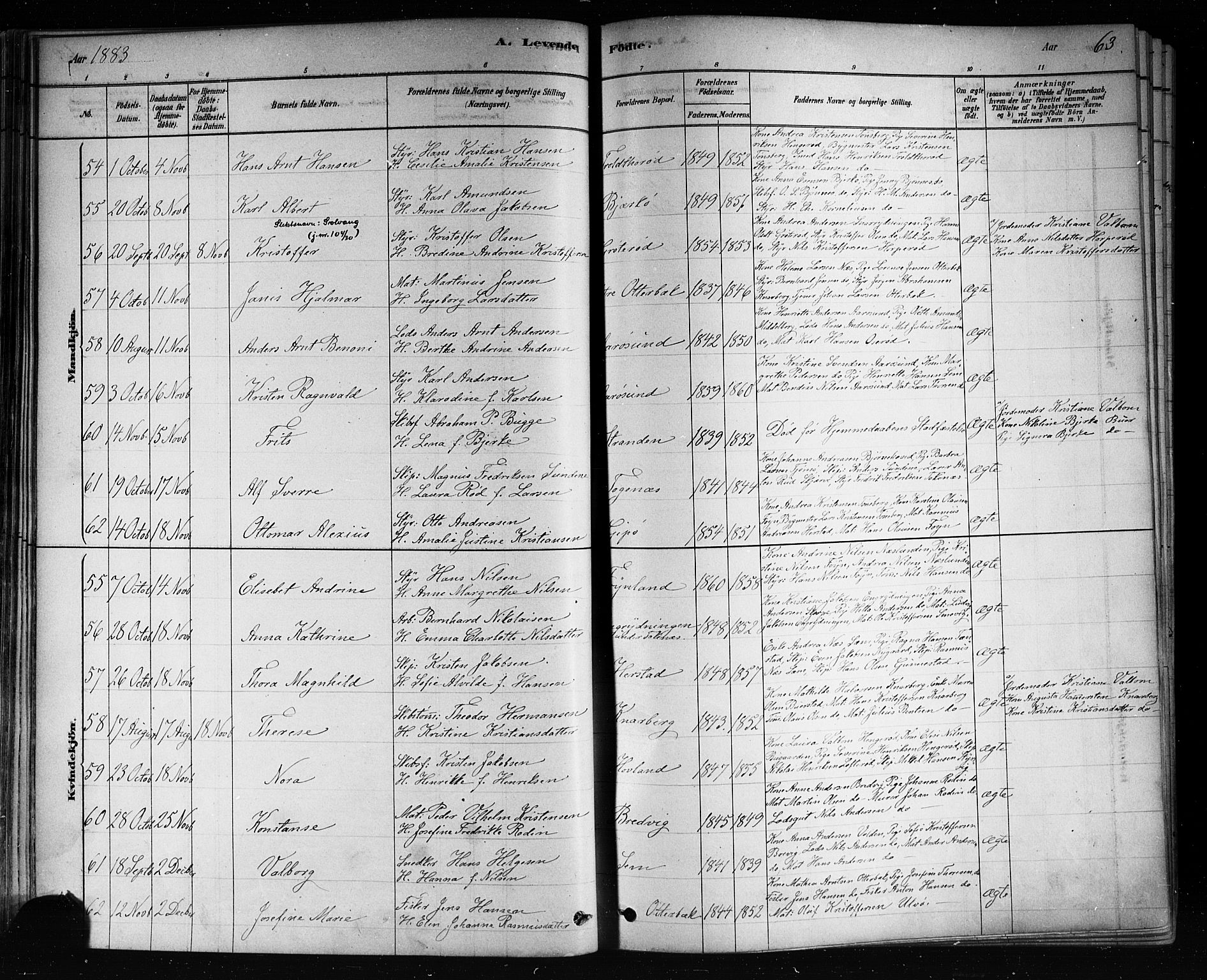 Nøtterøy kirkebøker, SAKO/A-354/F/Fa/L0008: Parish register (official) no. I 8, 1878-1893, p. 63