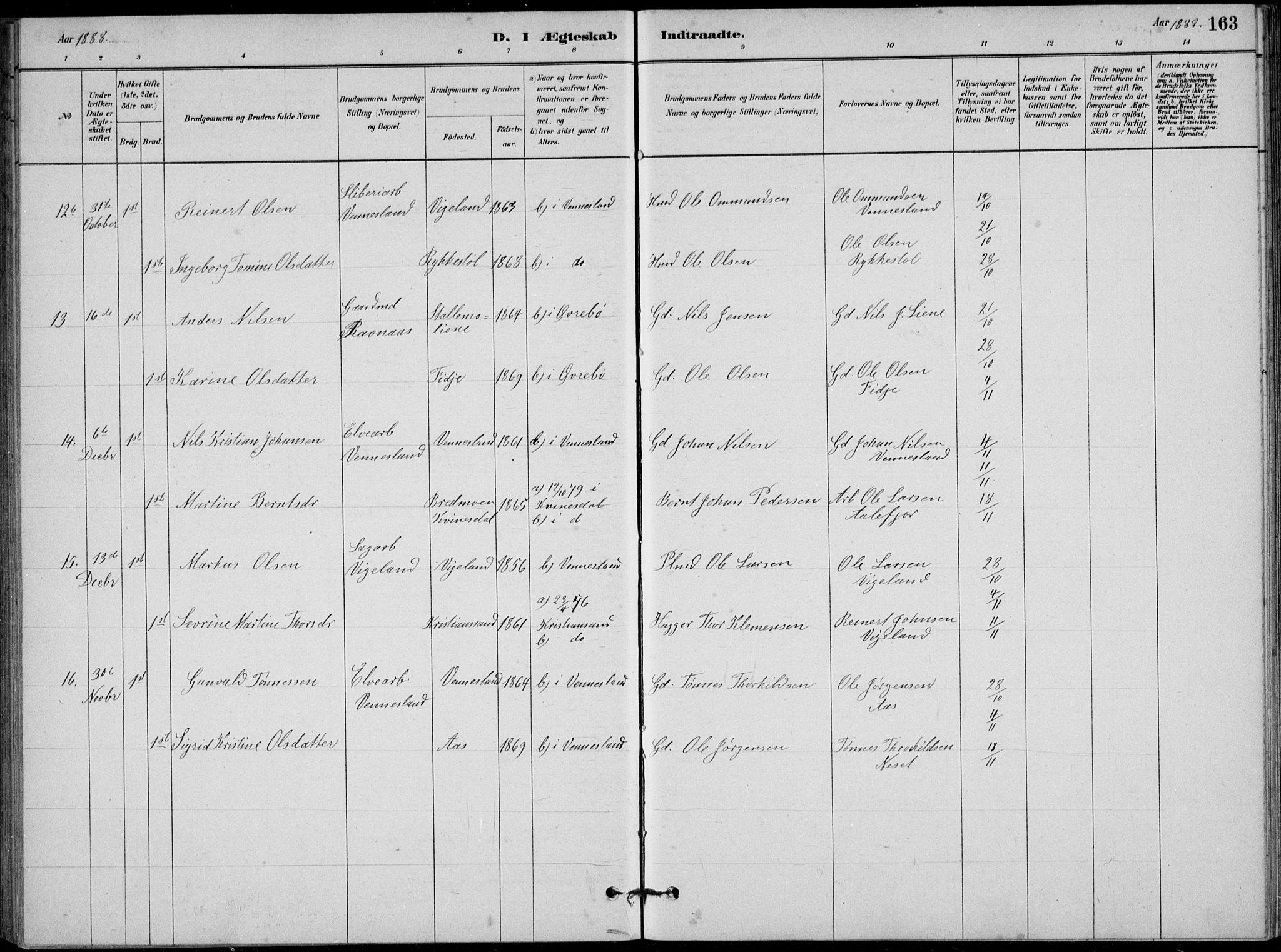 Vennesla sokneprestkontor, AV/SAK-1111-0045/Fb/Fbb/L0003: Parish register (copy) no. B 3, 1879-1893, p. 163