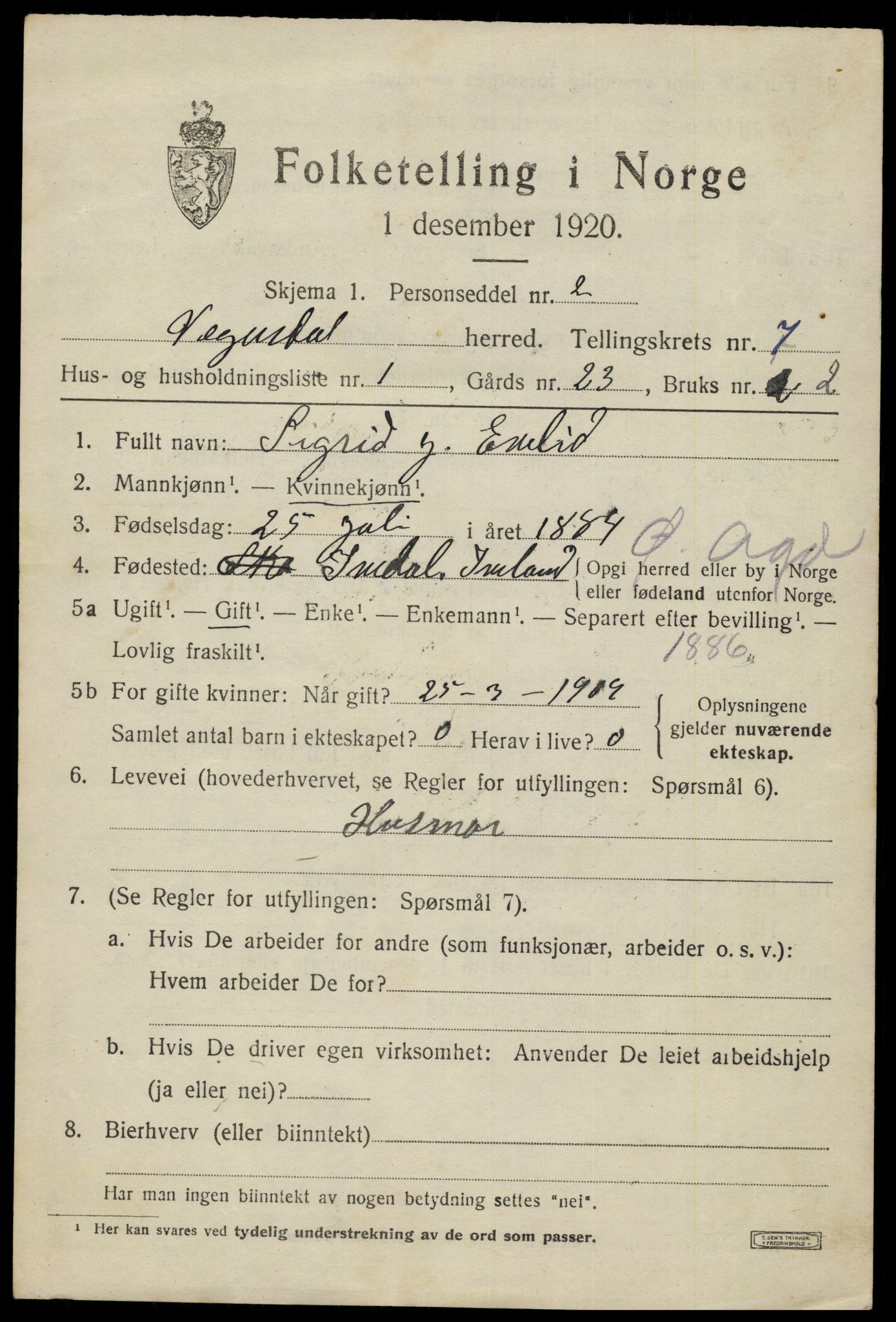SAK, 1920 census for Vegusdal, 1920, p. 1673