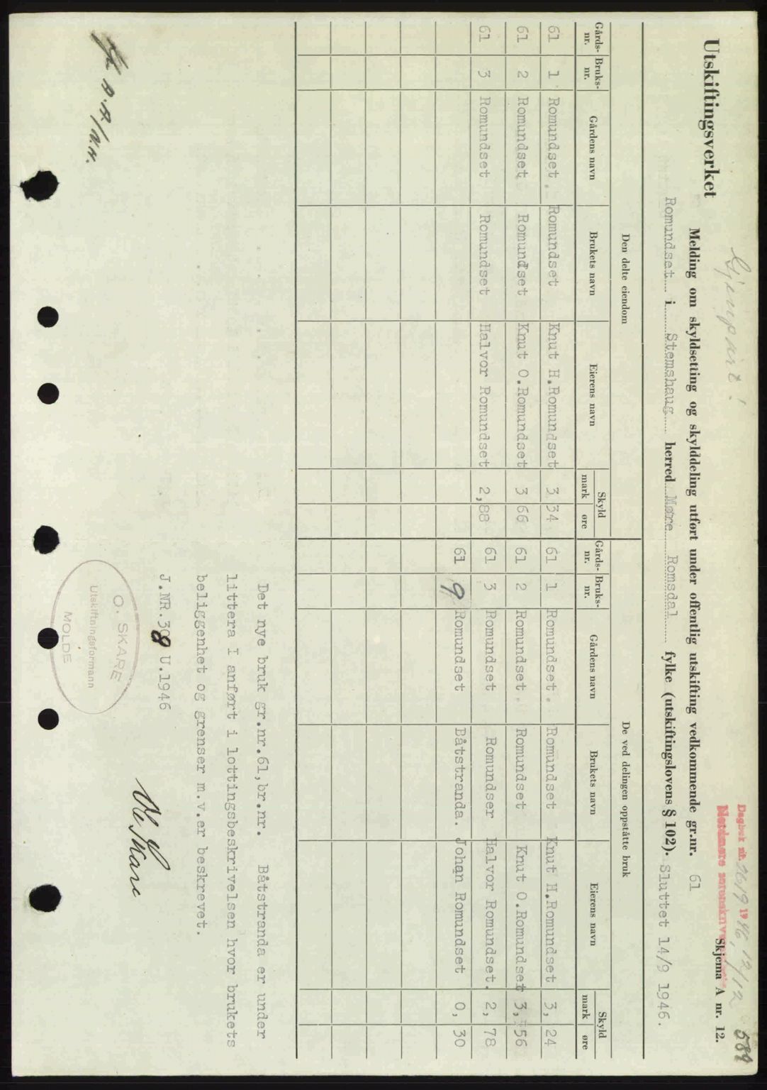 Nordmøre sorenskriveri, AV/SAT-A-4132/1/2/2Ca: Mortgage book no. A103, 1946-1947, Diary no: : 2619/1946