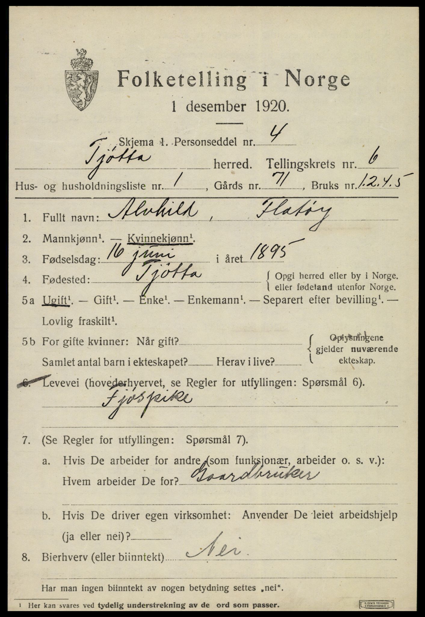 SAT, 1920 census for Tjøtta, 1920, p. 2421