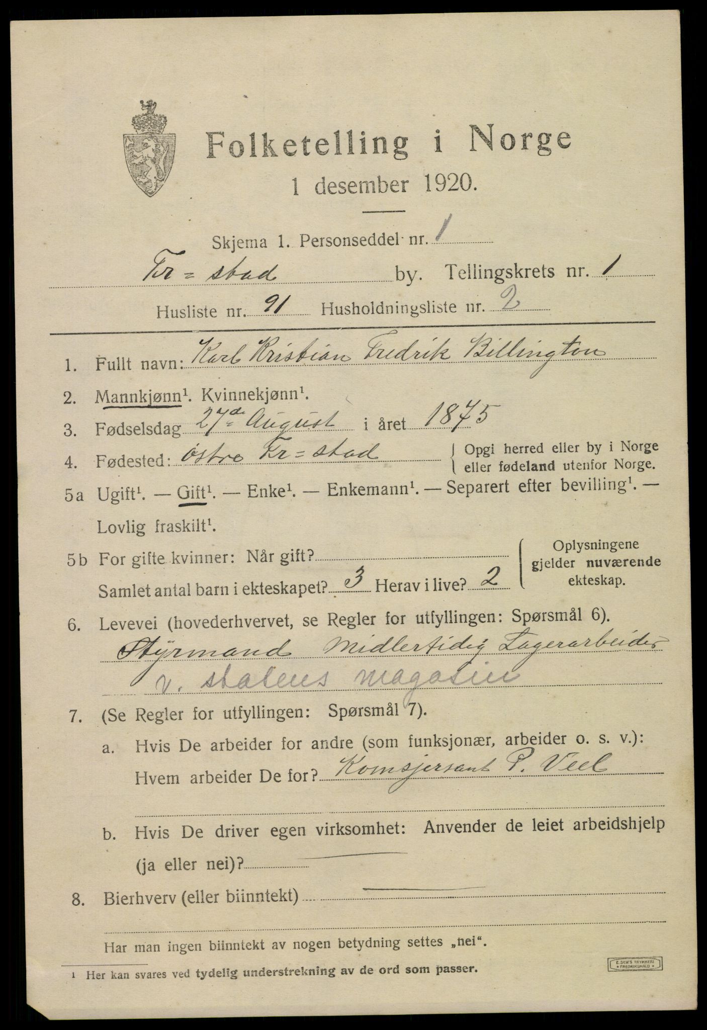 SAO, 1920 census for Fredrikstad, 1920, p. 13549