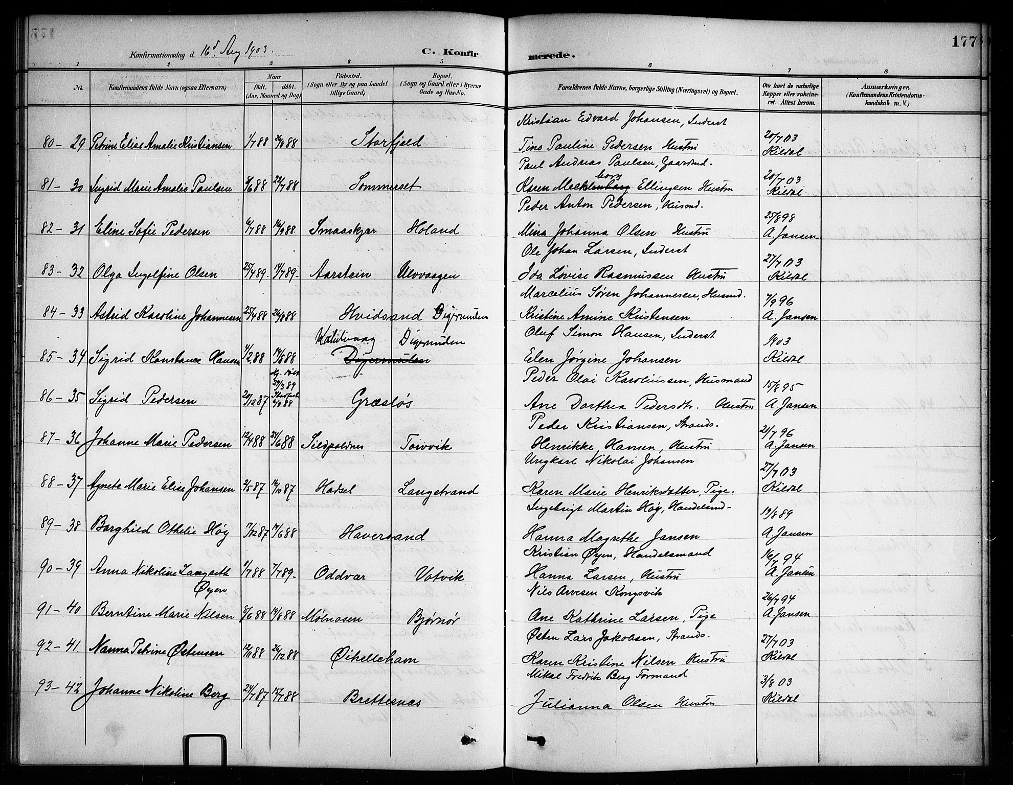 Ministerialprotokoller, klokkerbøker og fødselsregistre - Nordland, AV/SAT-A-1459/874/L1078: Parish register (copy) no. 874C07, 1900-1907, p. 177