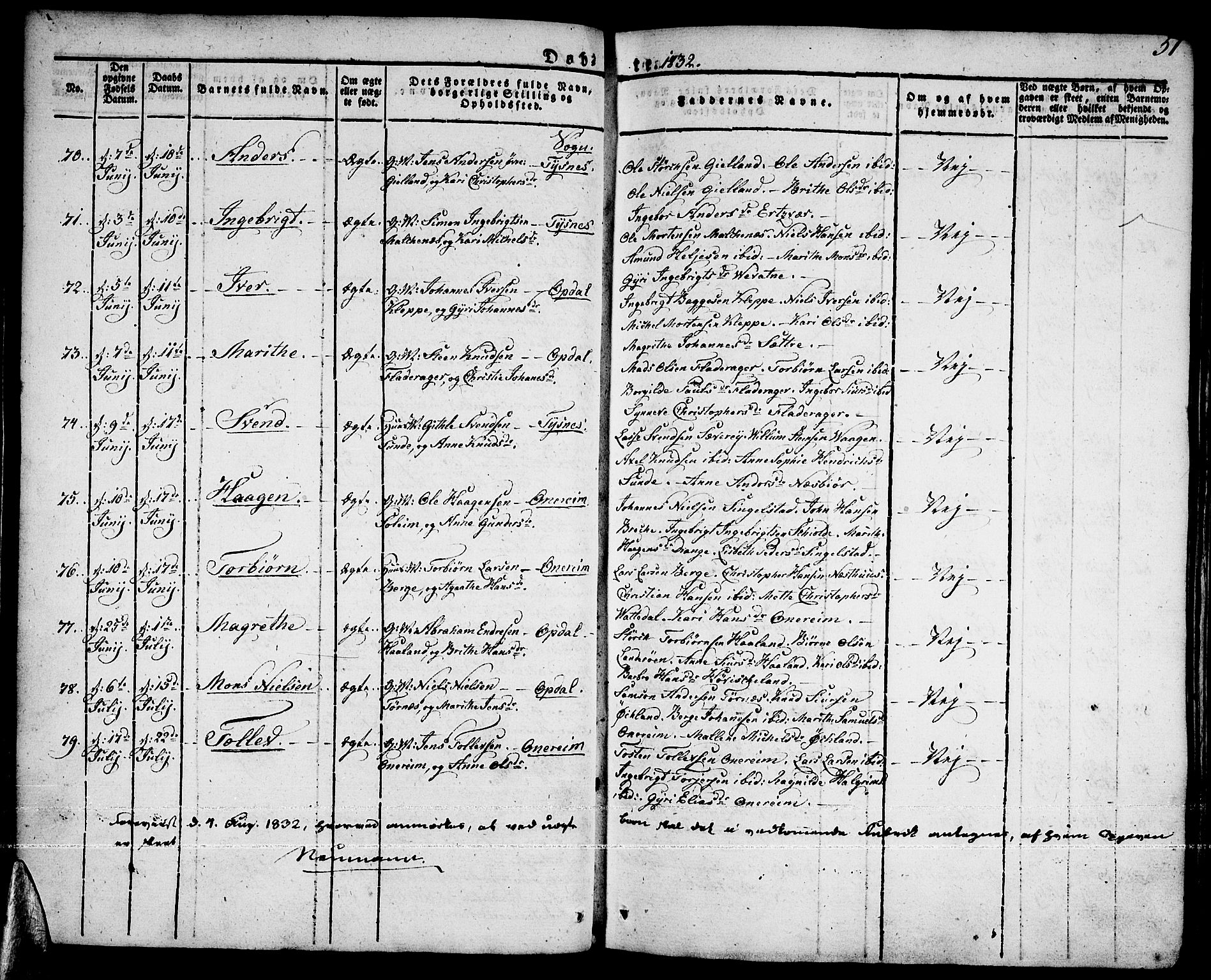 Tysnes sokneprestembete, AV/SAB-A-78601/H/Haa: Parish register (official) no. A 8, 1826-1837, p. 51