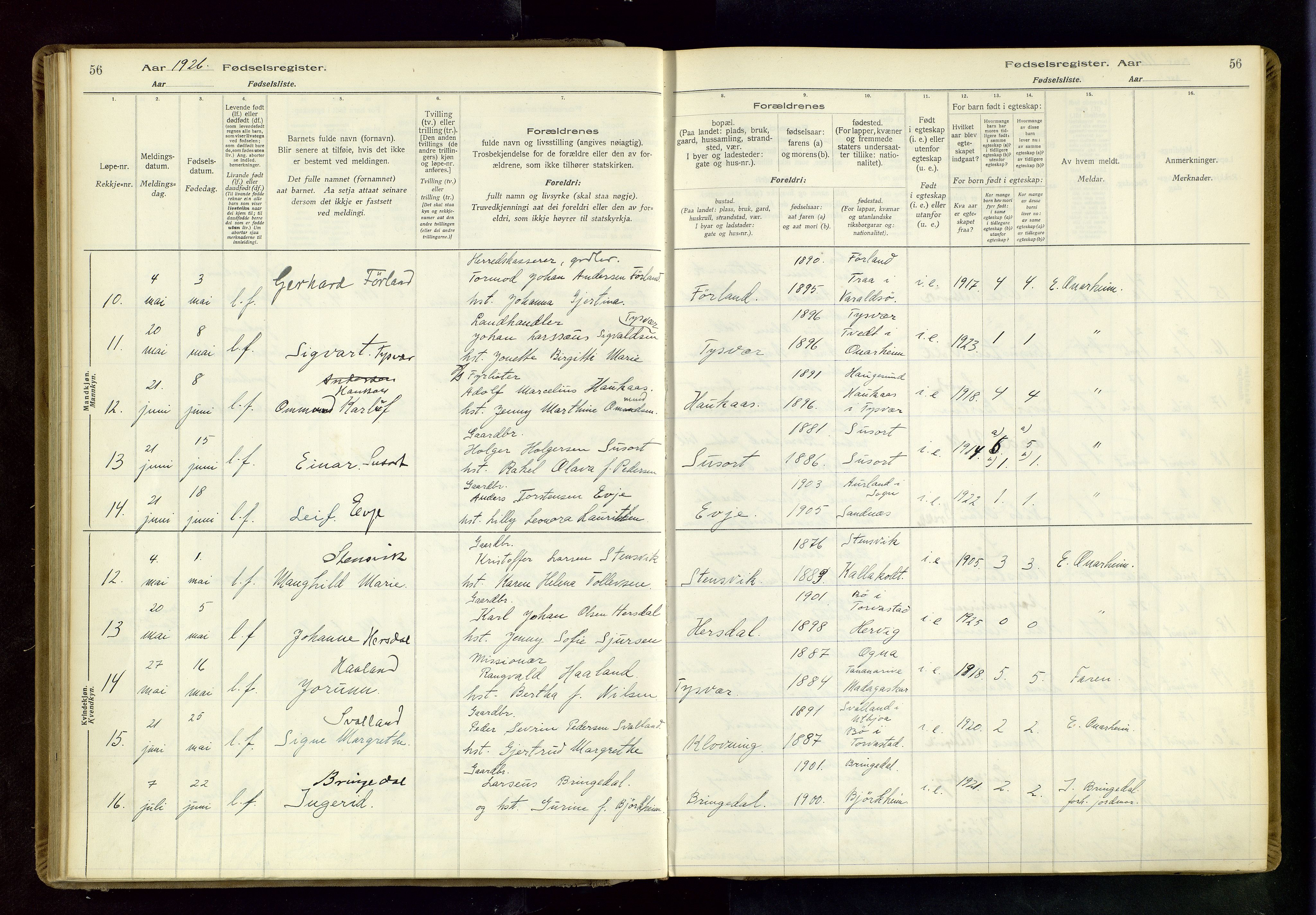 Tysvær sokneprestkontor, AV/SAST-A -101864/I/Id/L0001: Birth register no. 1, 1916-1954, p. 56