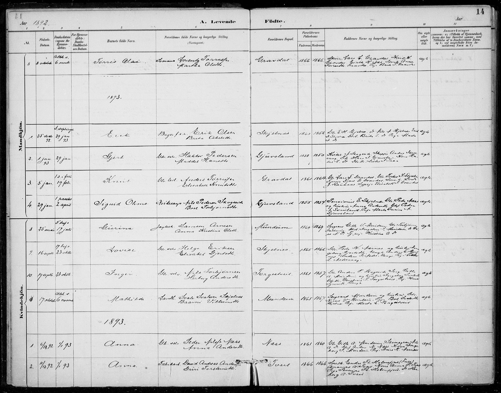 Strandebarm sokneprestembete, SAB/A-78401/H/Haa: Parish register (official) no. D  1, 1886-1912, p. 14