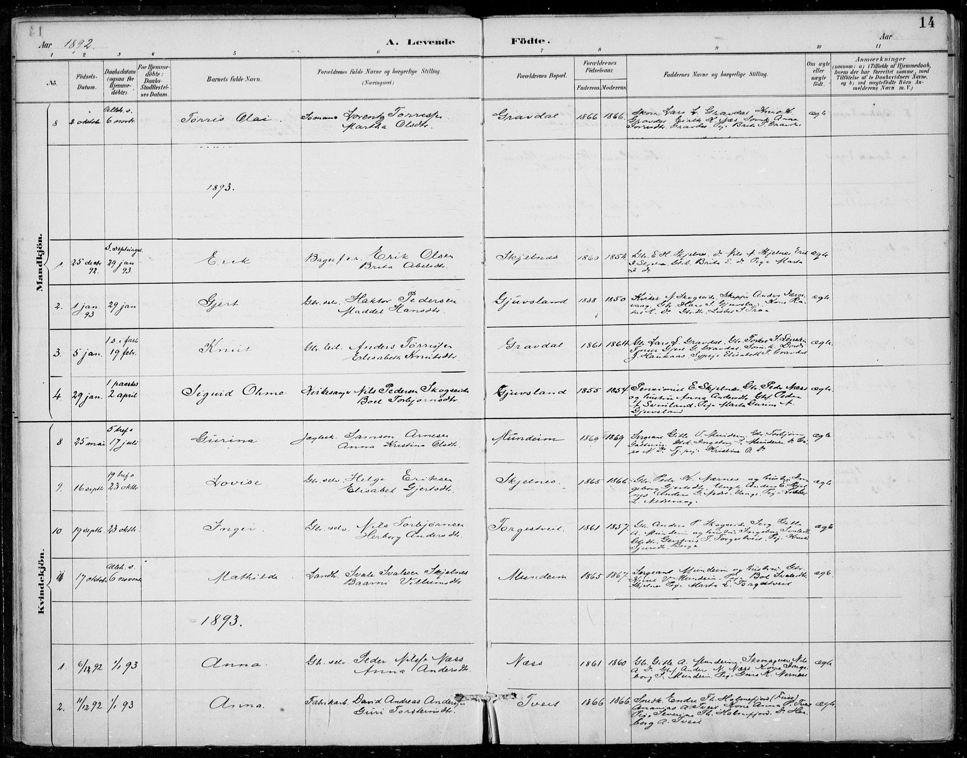 Strandebarm sokneprestembete, AV/SAB-A-78401/H/Haa: Parish register (official) no. D  1, 1886-1912, p. 14