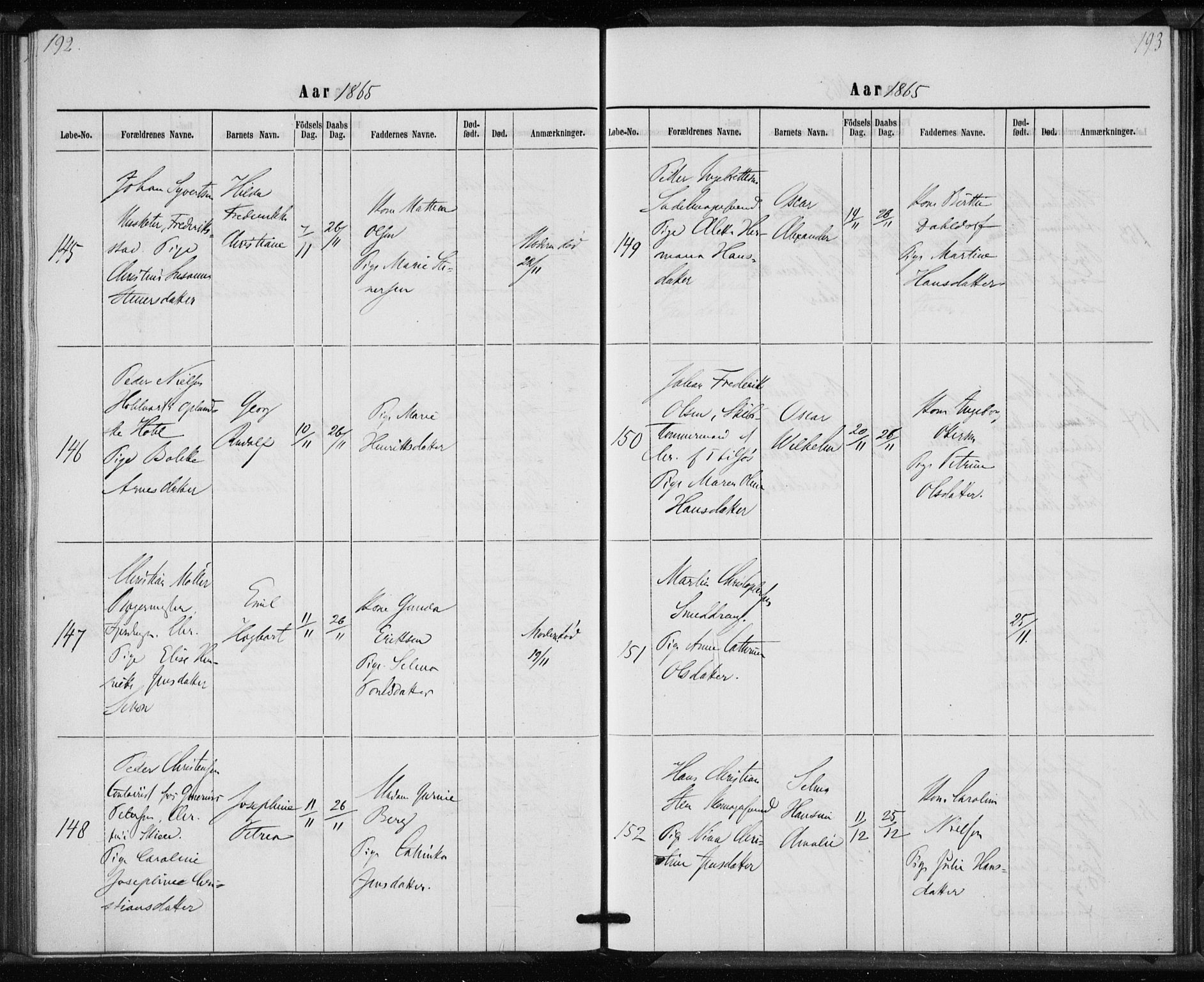 Rikshospitalet prestekontor Kirkebøker, AV/SAO-A-10309b/K/L0002/0002: Baptism register no. 2.2, 1860-1868, p. 192-193