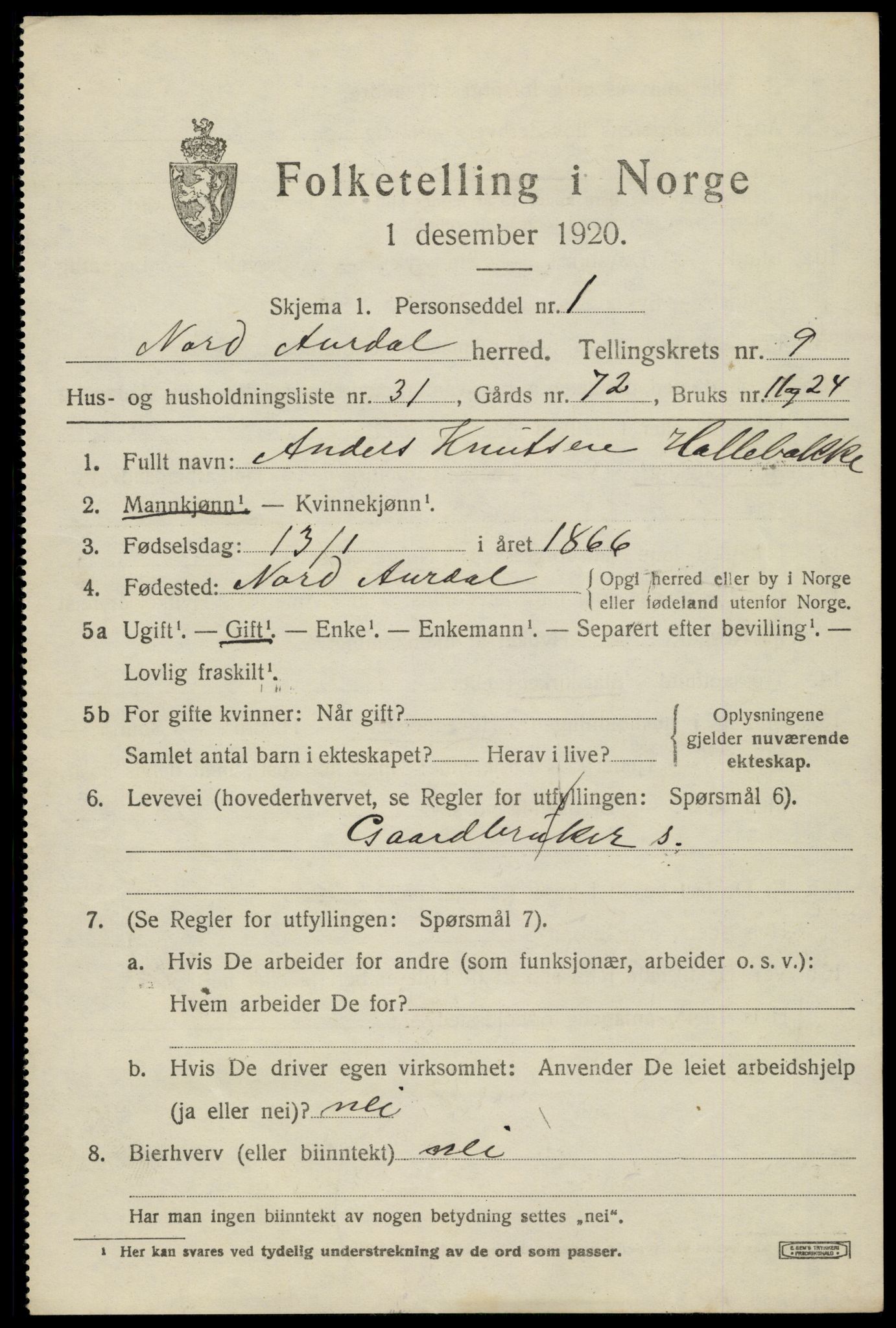 SAH, 1920 census for Nord-Aurdal, 1920, p. 7872