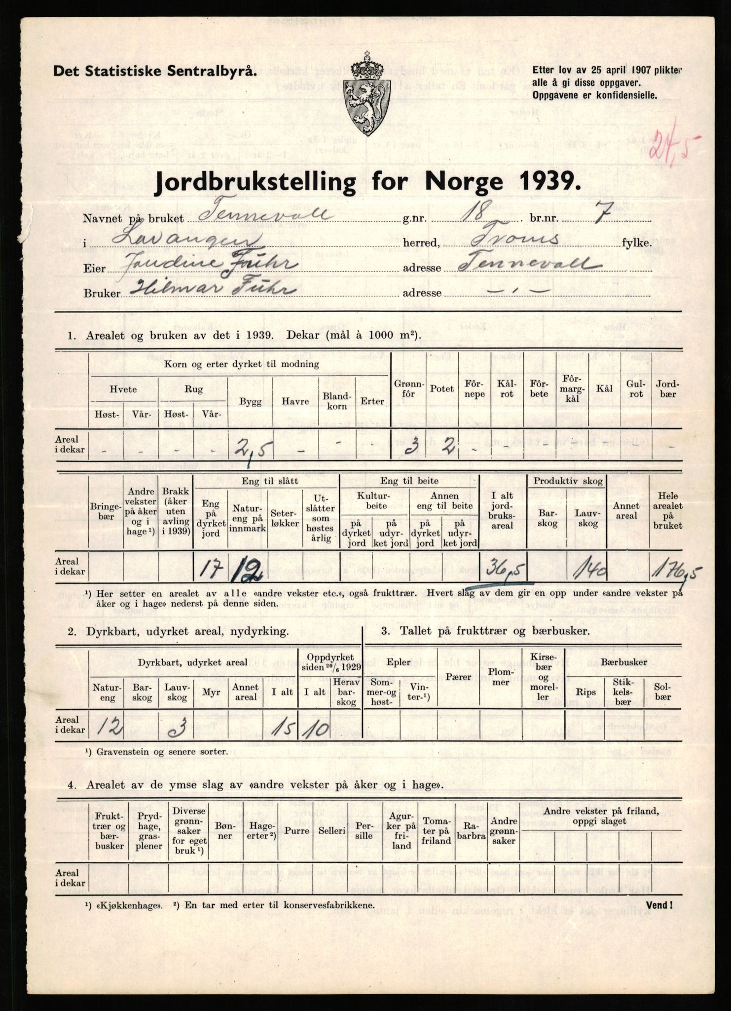 Statistisk sentralbyrå, Næringsøkonomiske emner, Jordbruk, skogbruk, jakt, fiske og fangst, AV/RA-S-2234/G/Gb/L0339: Troms: Andørja, Astafjord og Lavangen, 1939, p. 1283