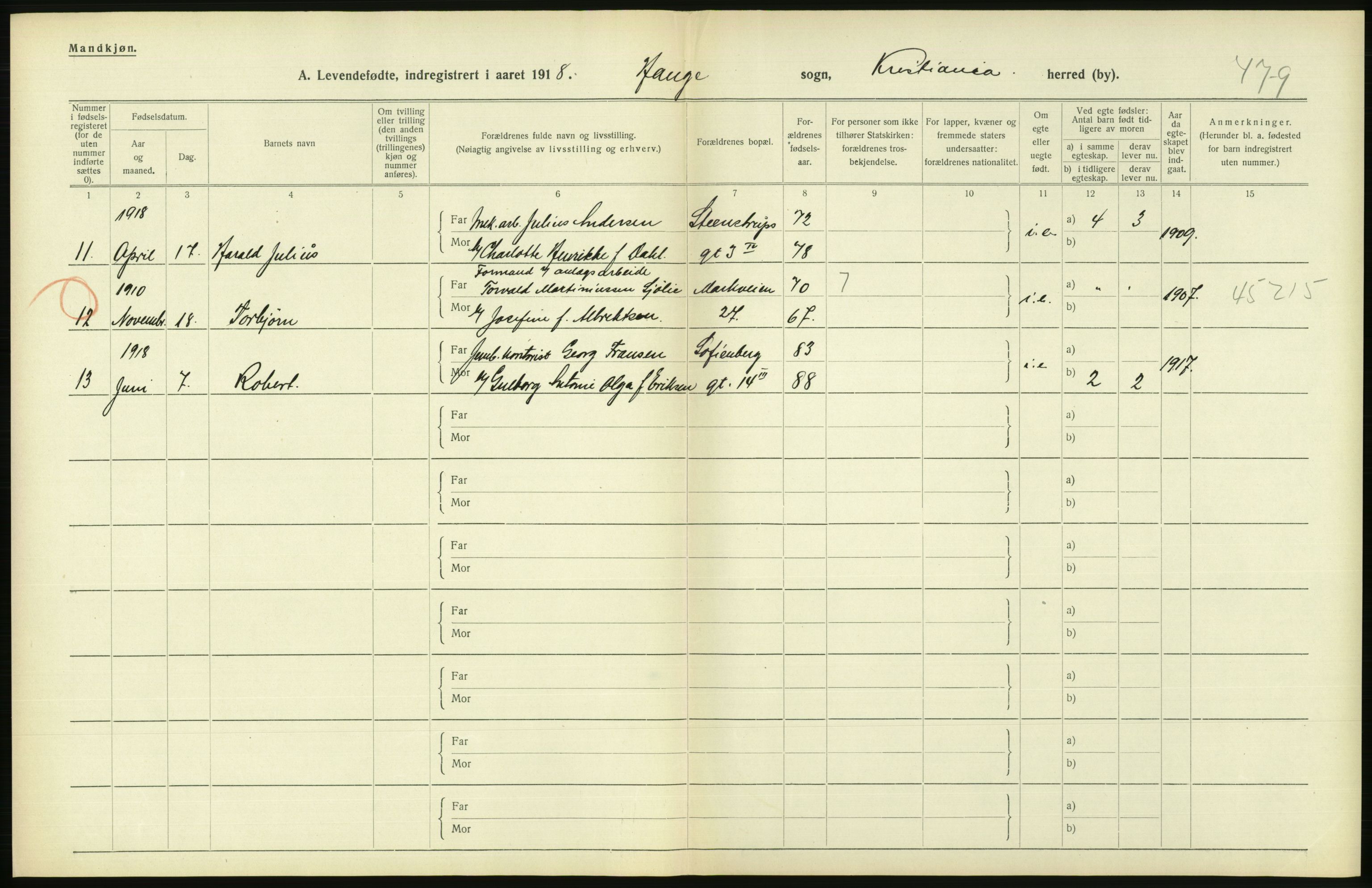 Statistisk sentralbyrå, Sosiodemografiske emner, Befolkning, AV/RA-S-2228/D/Df/Dfb/Dfbh/L0008: Kristiania: Levendefødte menn og kvinner., 1918, p. 664