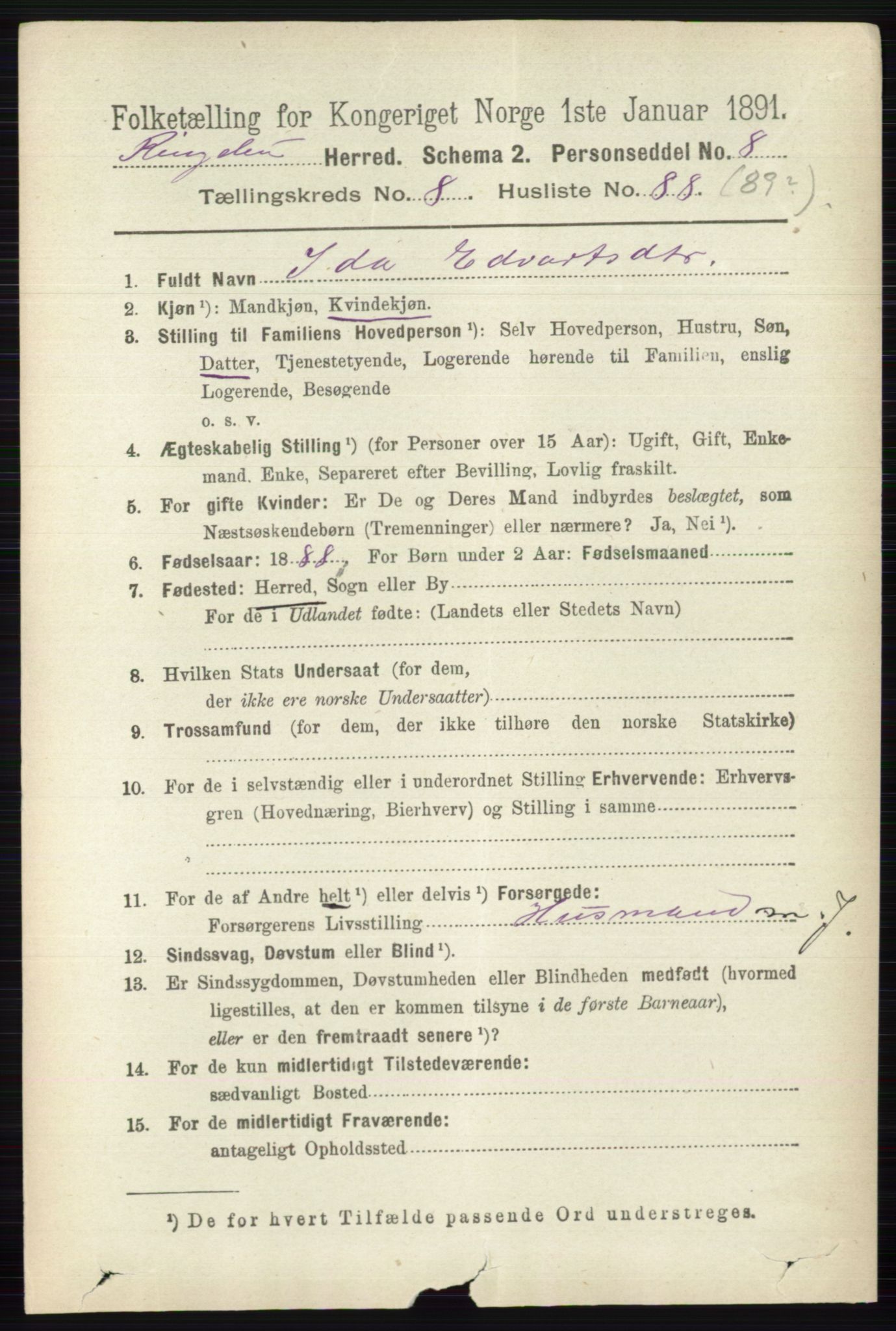 RA, 1891 census for 0520 Ringebu, 1891, p. 4154