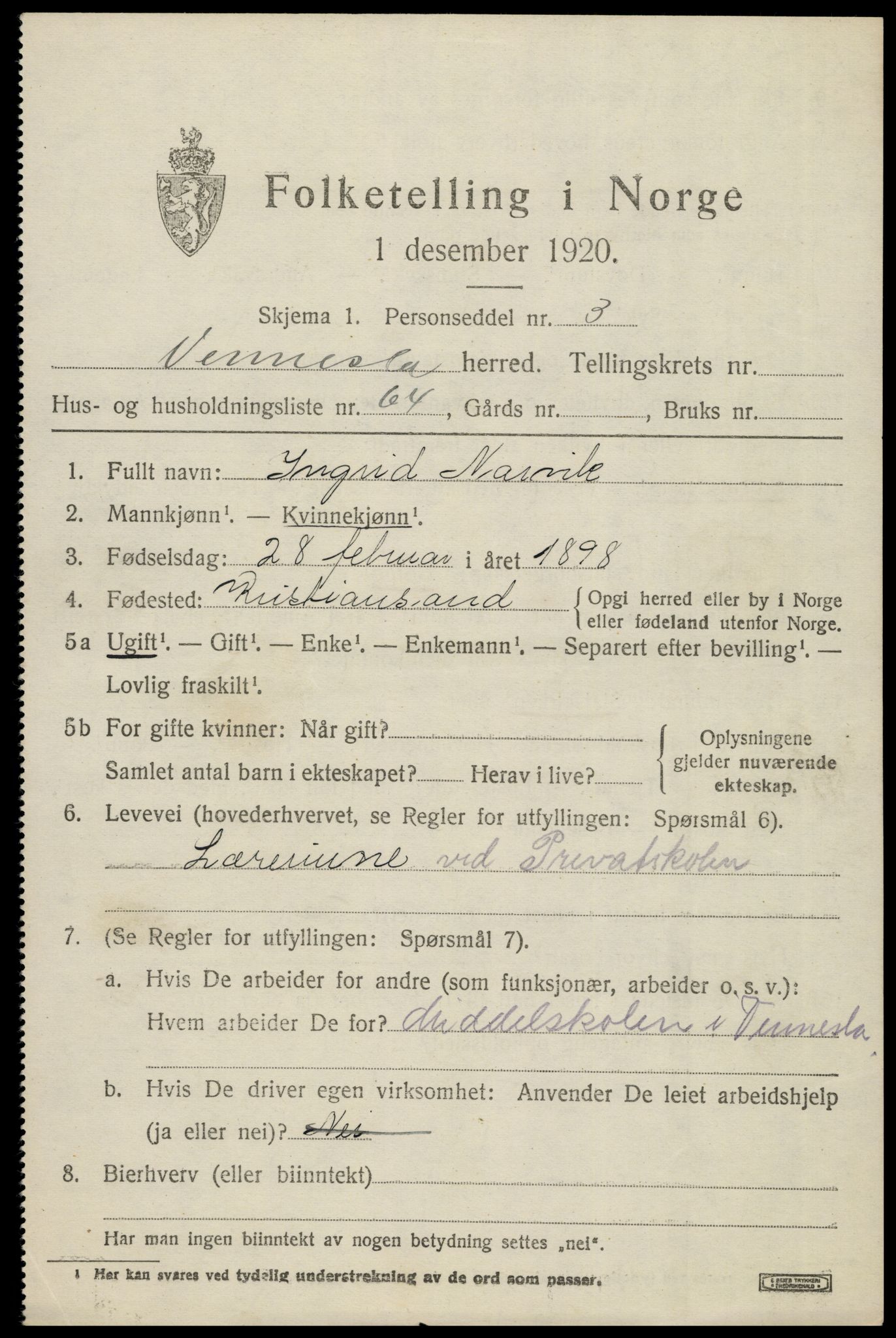 SAK, 1920 census for Vennesla, 1920, p. 4300