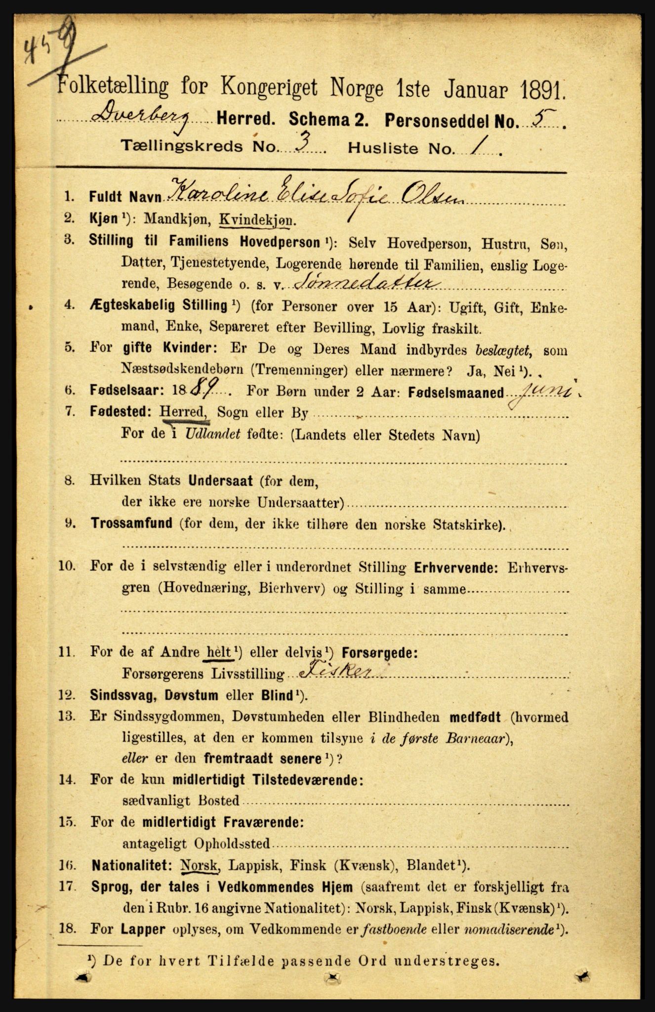 RA, 1891 census for 1872 Dverberg, 1891, p. 939