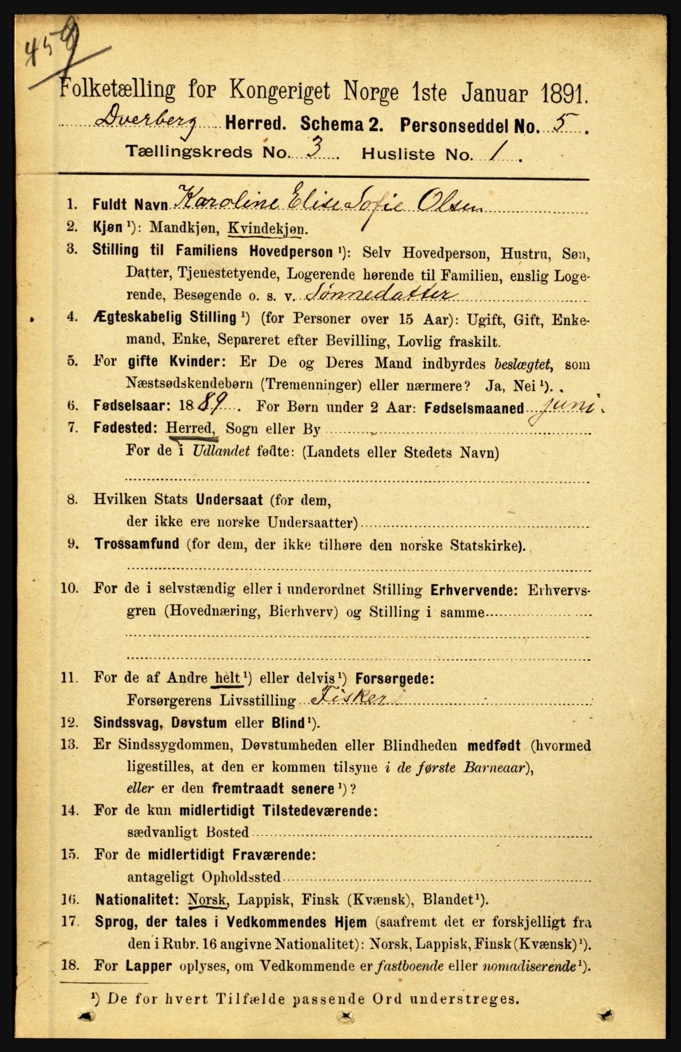 RA, 1891 census for 1872 Dverberg, 1891, p. 939