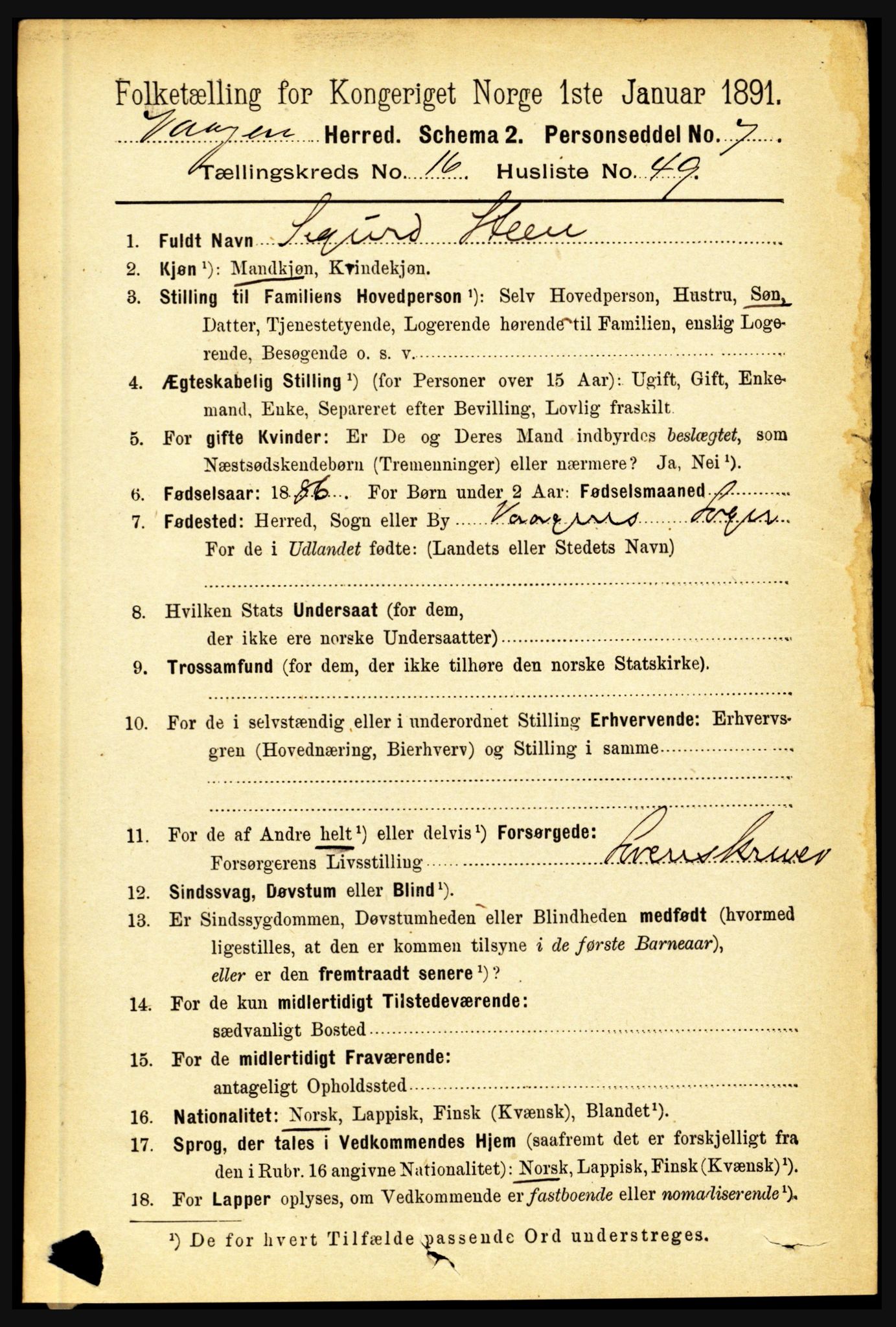 RA, 1891 census for 1865 Vågan, 1891, p. 4885