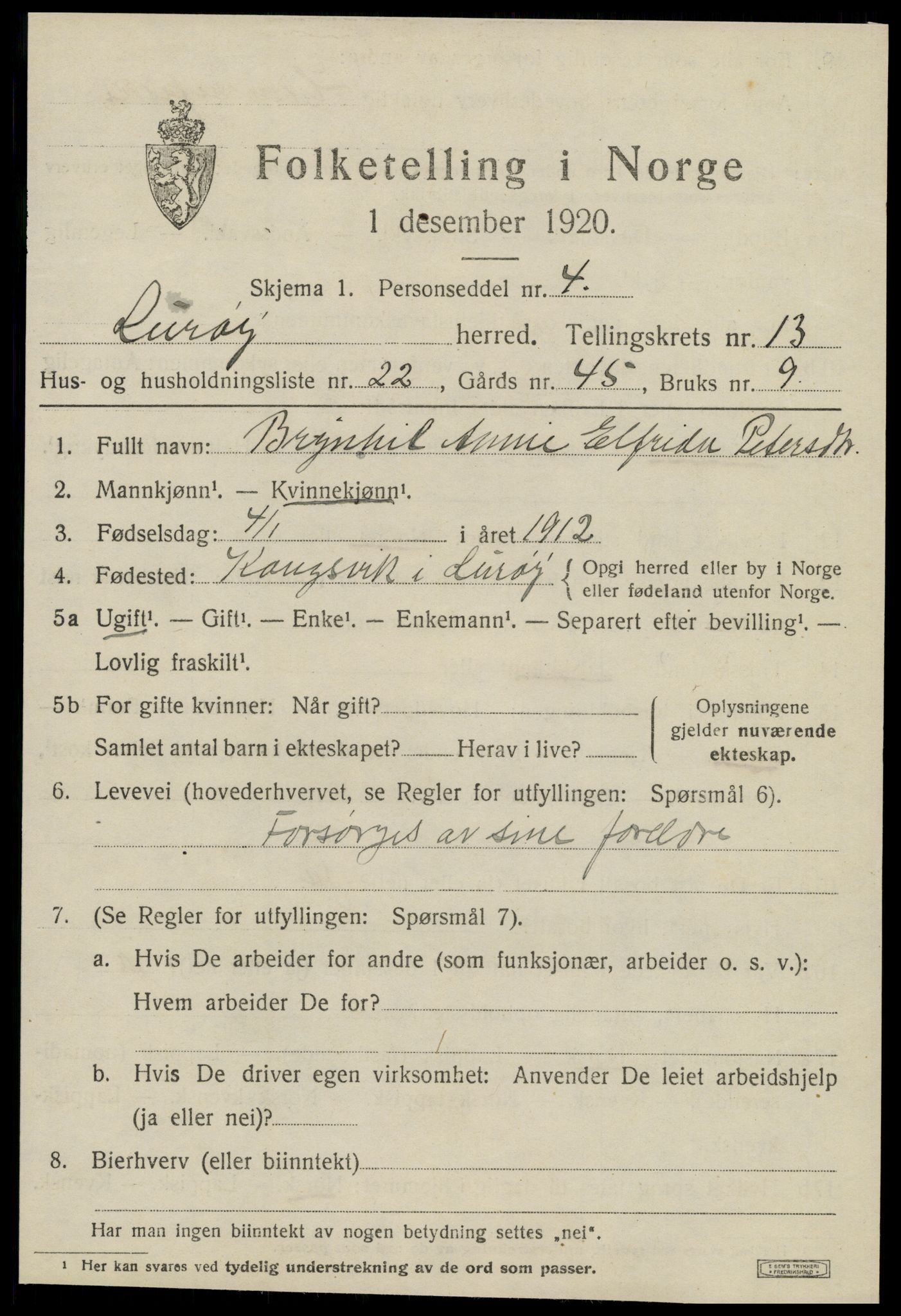 SAT, 1920 census for Lurøy, 1920, p. 5449